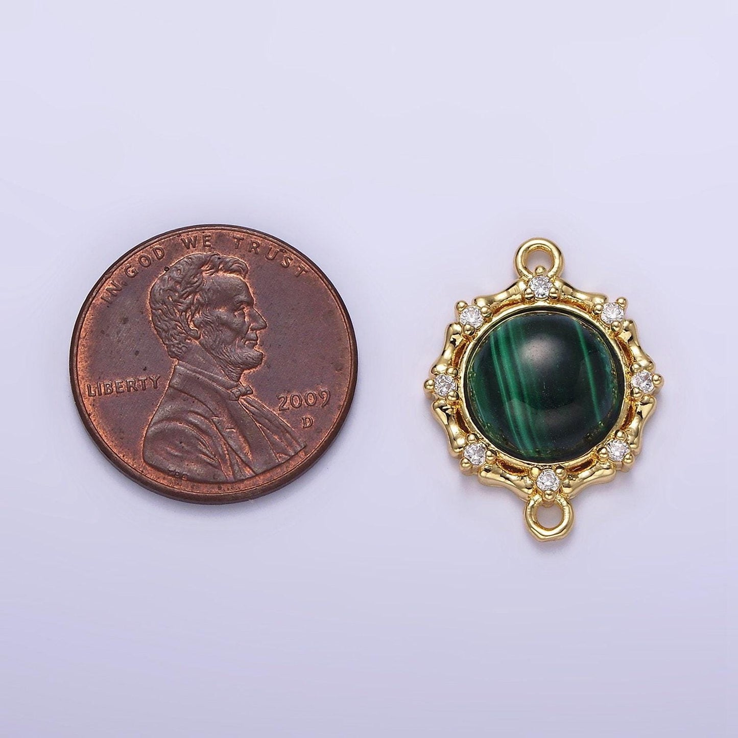Gold filled malachite, labradorite stone with clear cz dotted outline round charm connector for bracelet link connector g-670 g-671
