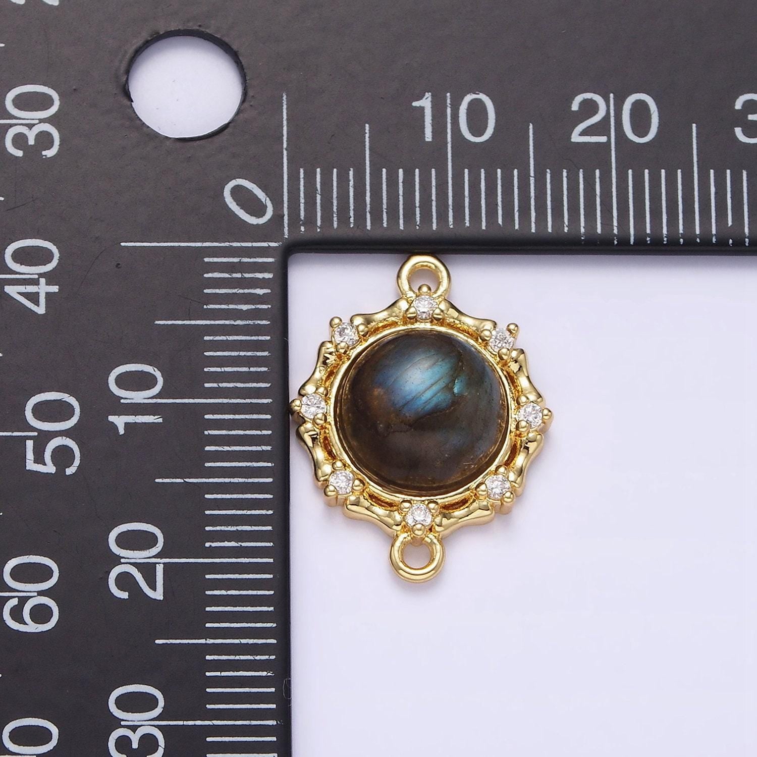 Gold filled malachite, labradorite stone with clear cz dotted outline round charm connector for bracelet link connector g-670 g-671