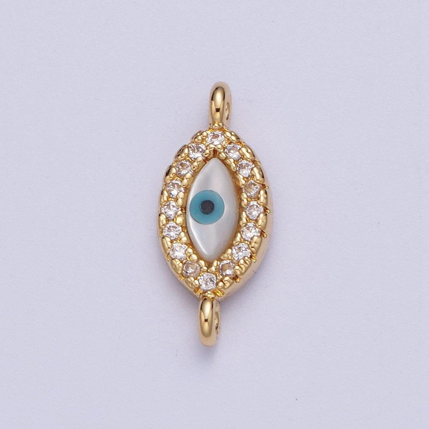 Gold evil eye charm connector, 24k gold filled clear micro paved cz blue and white enamel eye of ra link connector | g-585