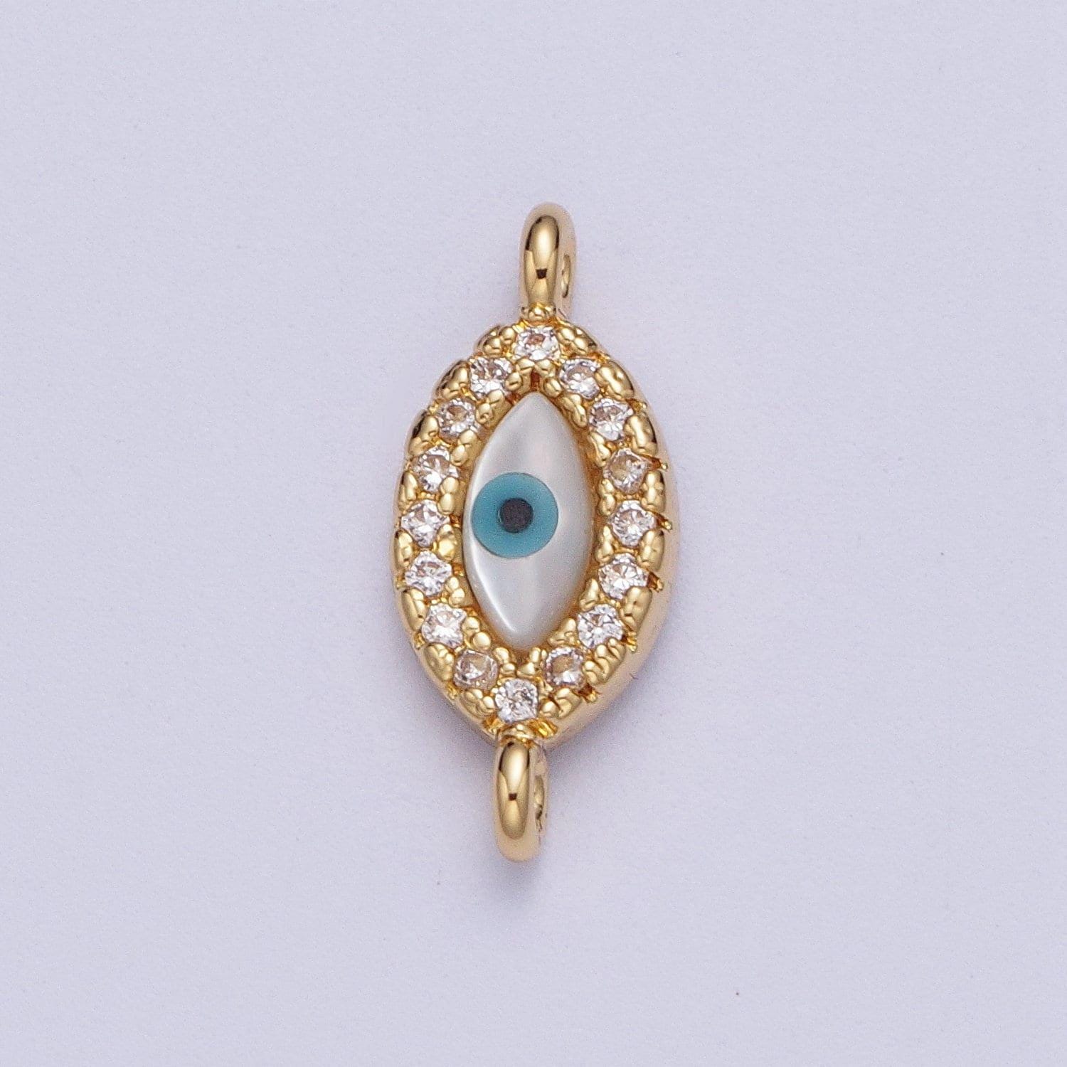 Gold evil eye charm connector, 24k gold filled clear micro paved cz blue and white enamel eye of ra link connector | g-585