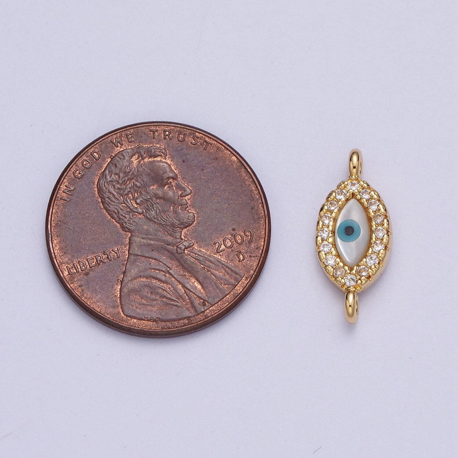 Gold evil eye charm connector, 24k gold filled clear micro paved cz blue and white enamel eye of ra link connector | g-585