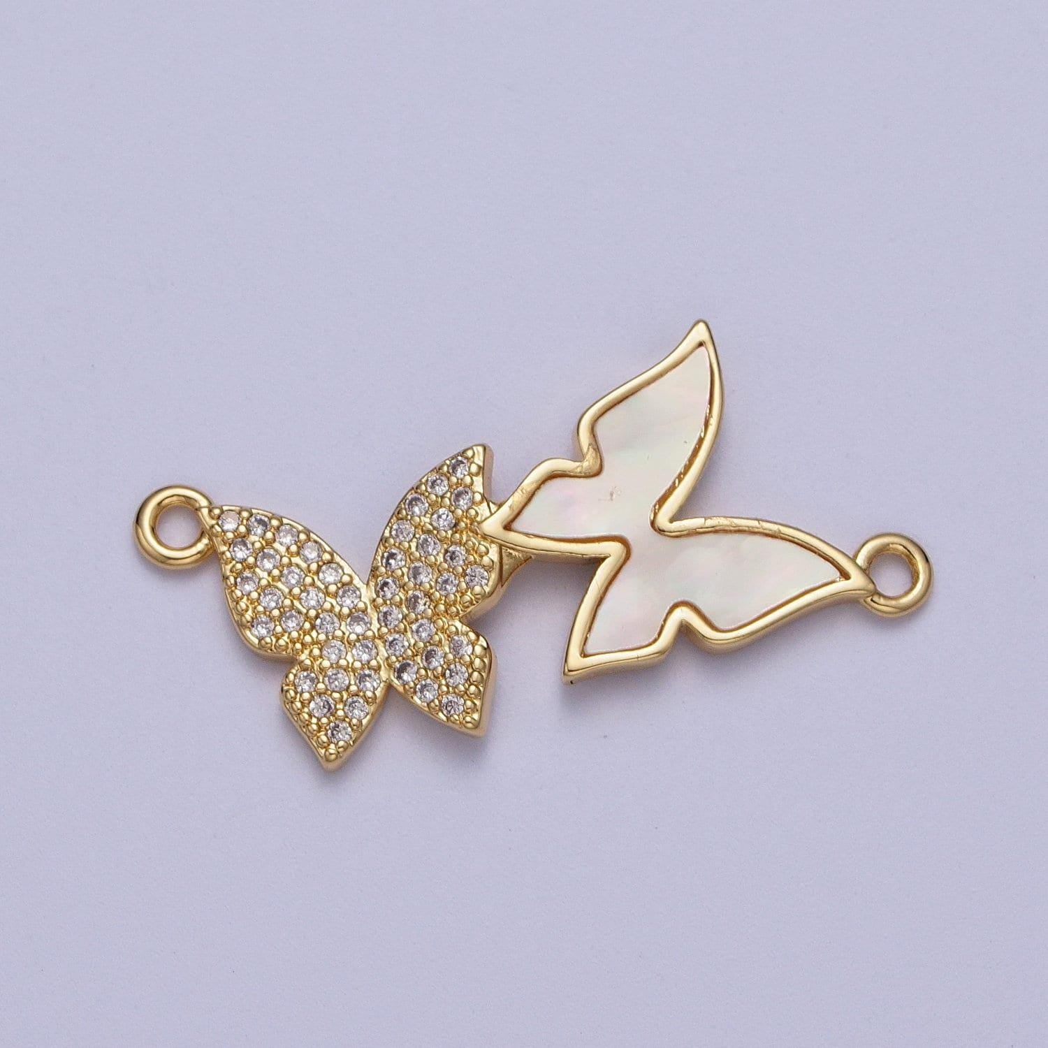 Gold cz double butterflies pearl charm connector, 24k gold plated clear micro paved cz rotated pearl mariposa butterfly connector | g-570