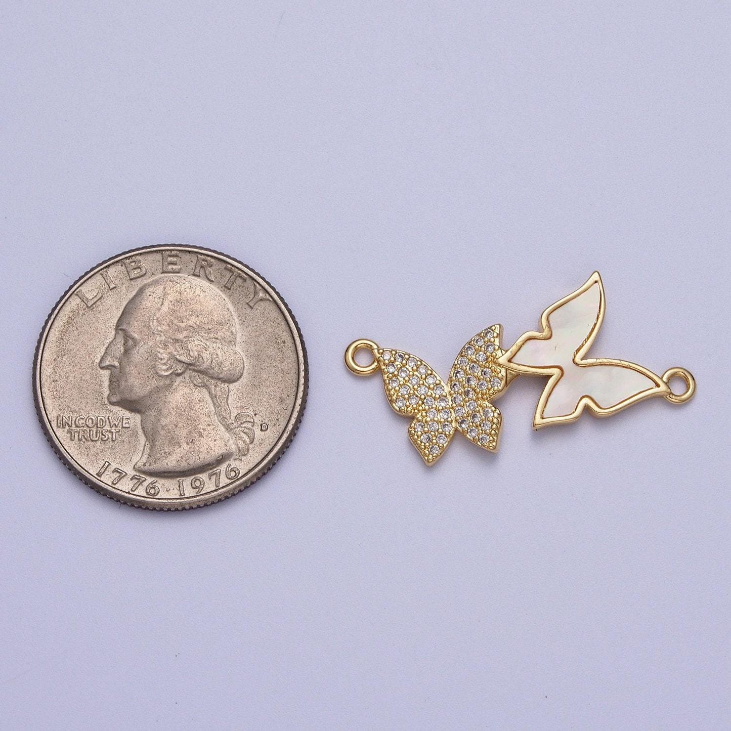 Gold cz double butterflies pearl charm connector, 24k gold plated clear micro paved cz rotated pearl mariposa butterfly connector | g-570