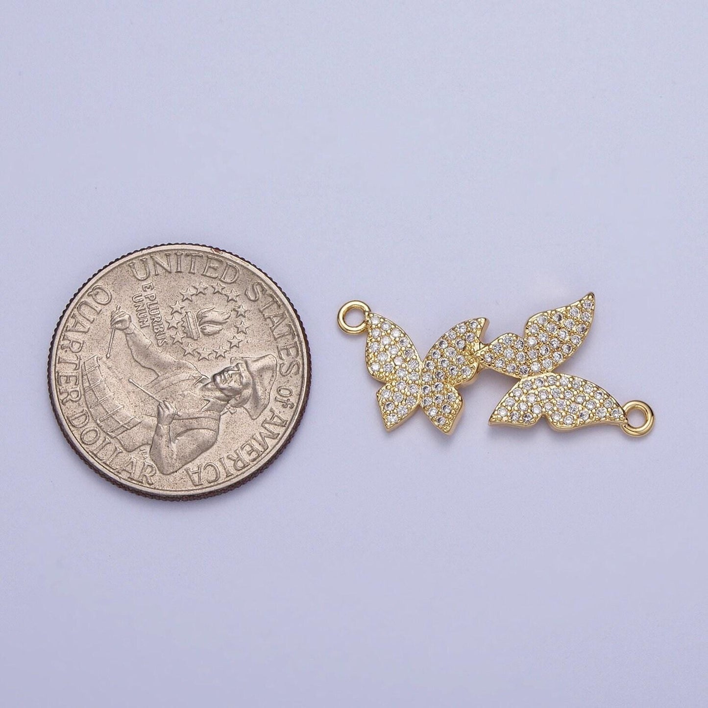 Gold cz double butterflies charm connector, 14k gold plated clear micro paved cz rotated mariposa butterfly link connector | g-565
