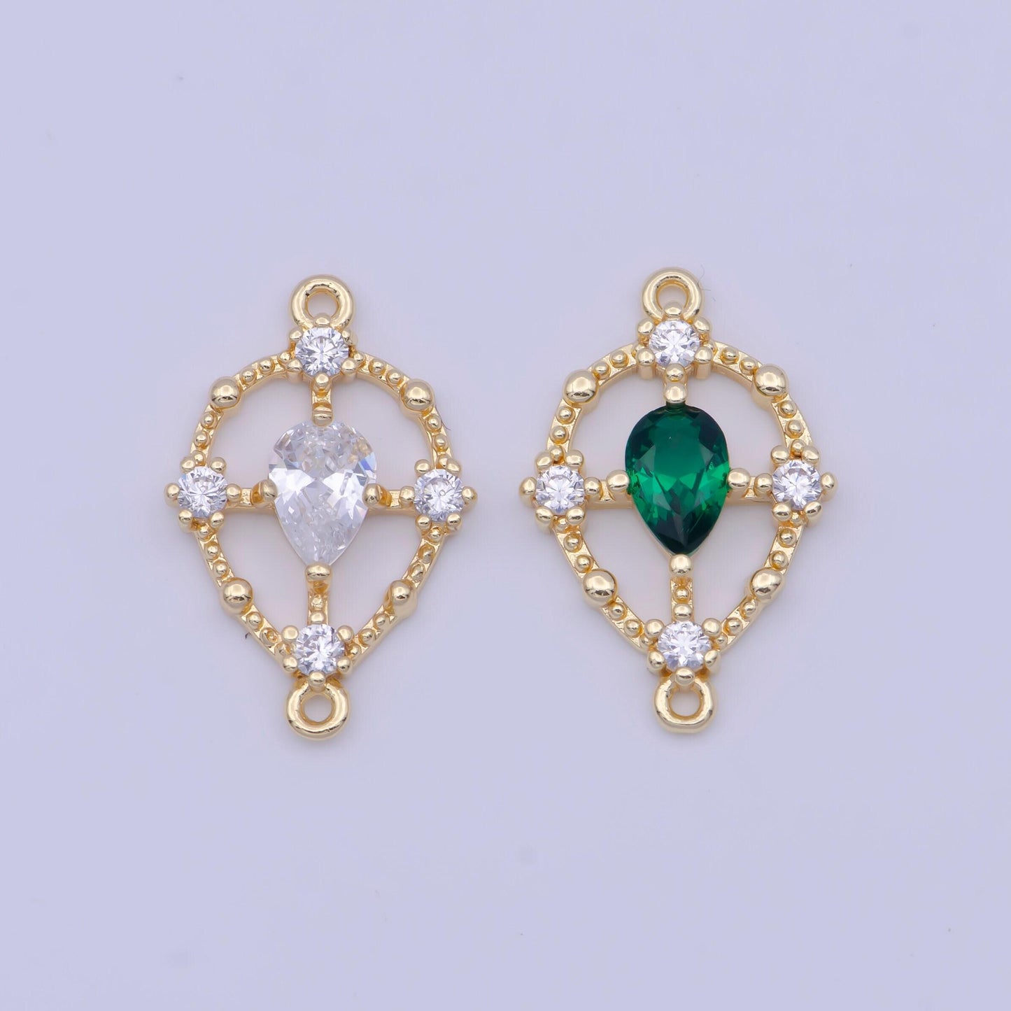 Emerald green and crystal clear tear drop charm connector gold plated micro pave cz link connector | g-564