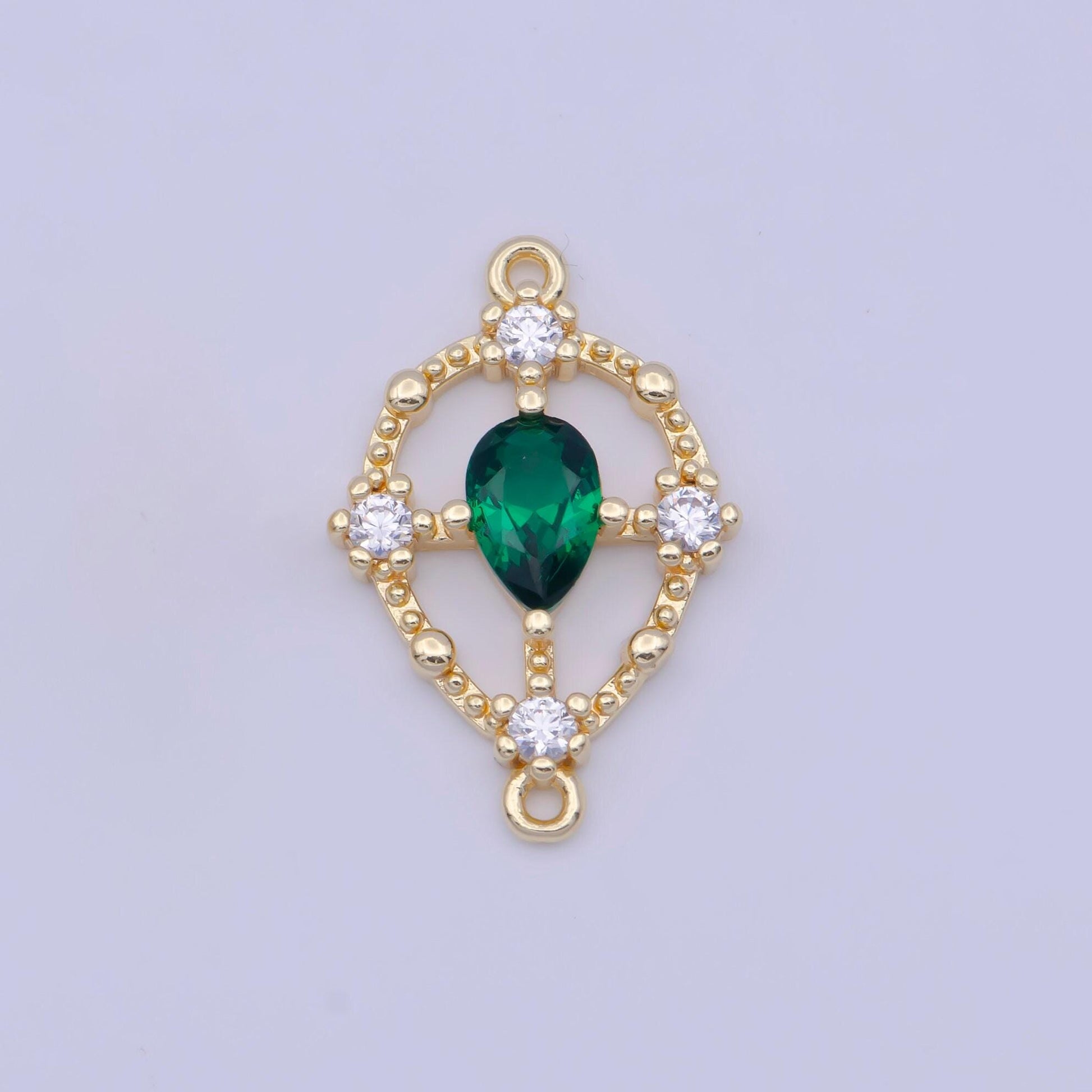 Emerald green and crystal clear tear drop charm connector gold plated micro pave cz link connector | g-564