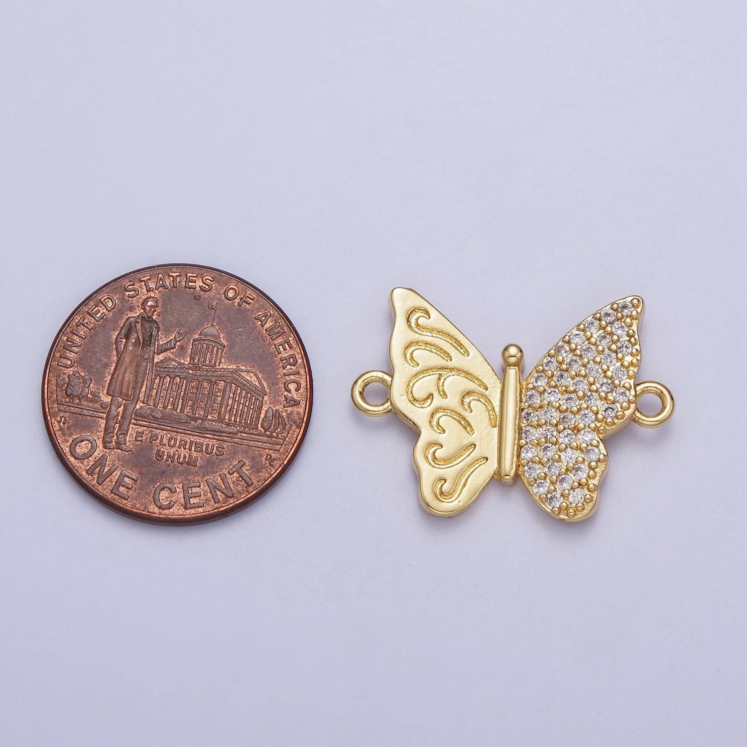 24k gold filled dainty butterfly with clear & multicolored cubic zirconia stone mariposa link connector | f-059, g-557