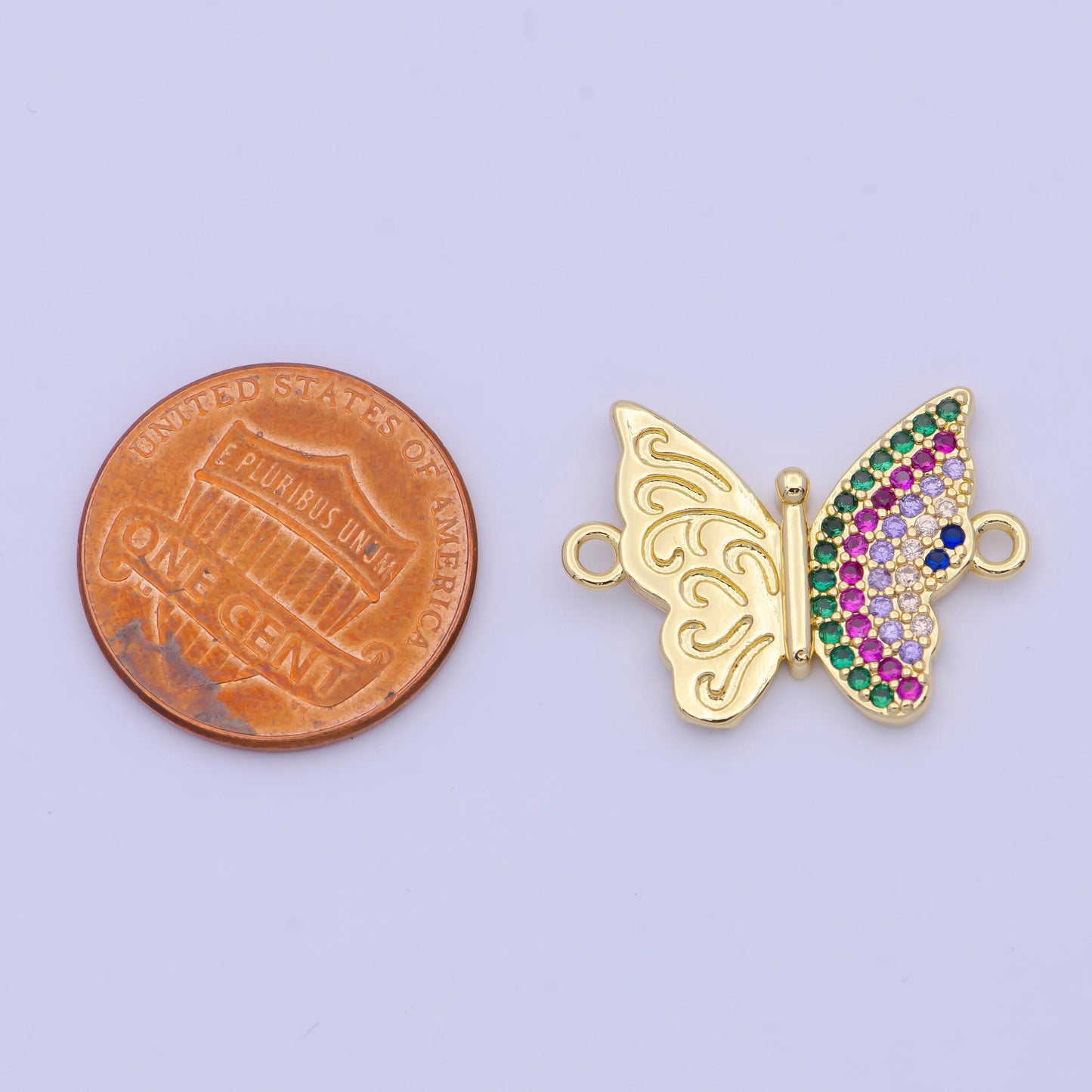 24k gold filled dainty butterfly with clear & multicolored cubic zirconia stone mariposa link connector | f-059, g-557