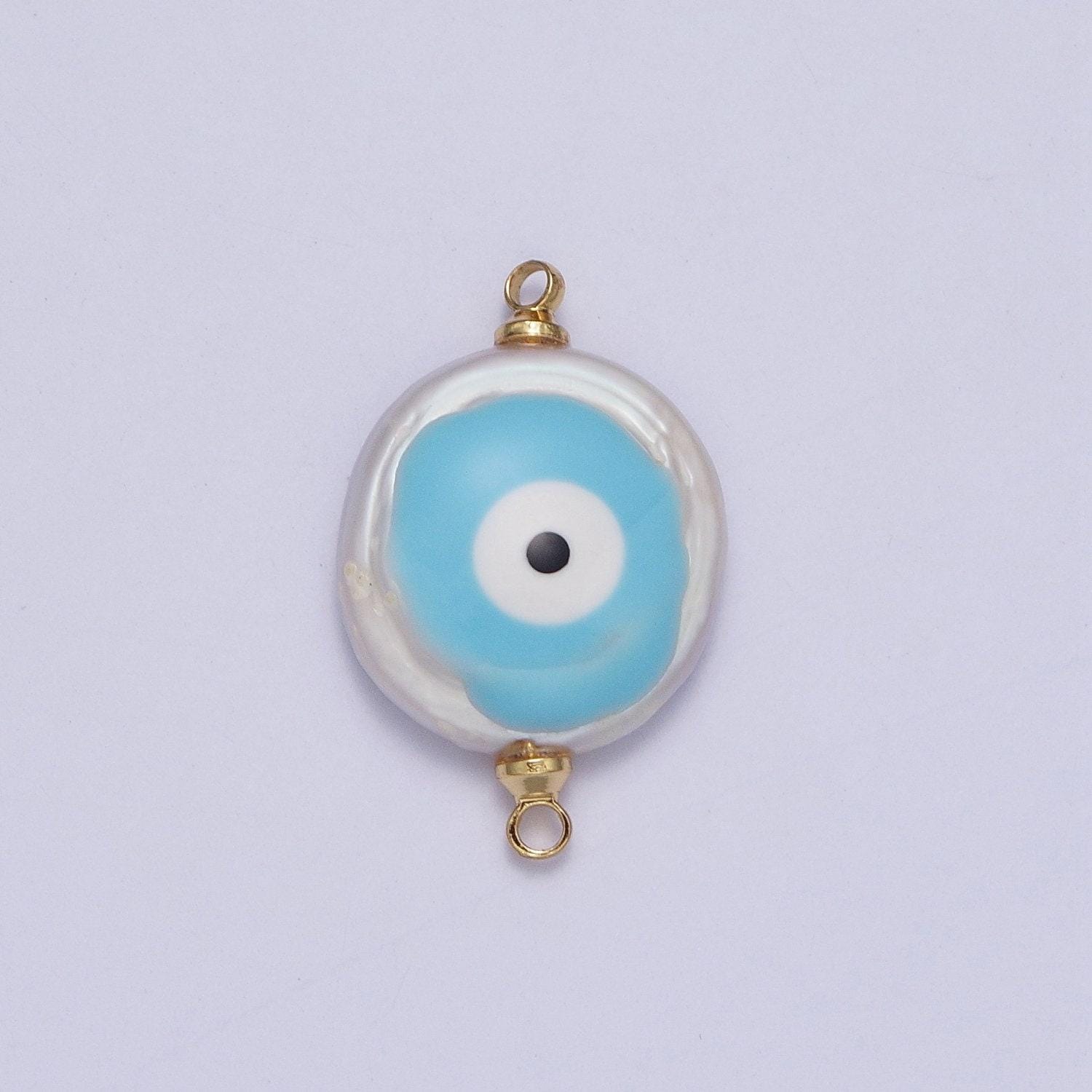 Blue evil eye natural freshwater pearl gold bezel connector, evil eye baroque-shaped gold filled double bail link connector | g-542, g-543