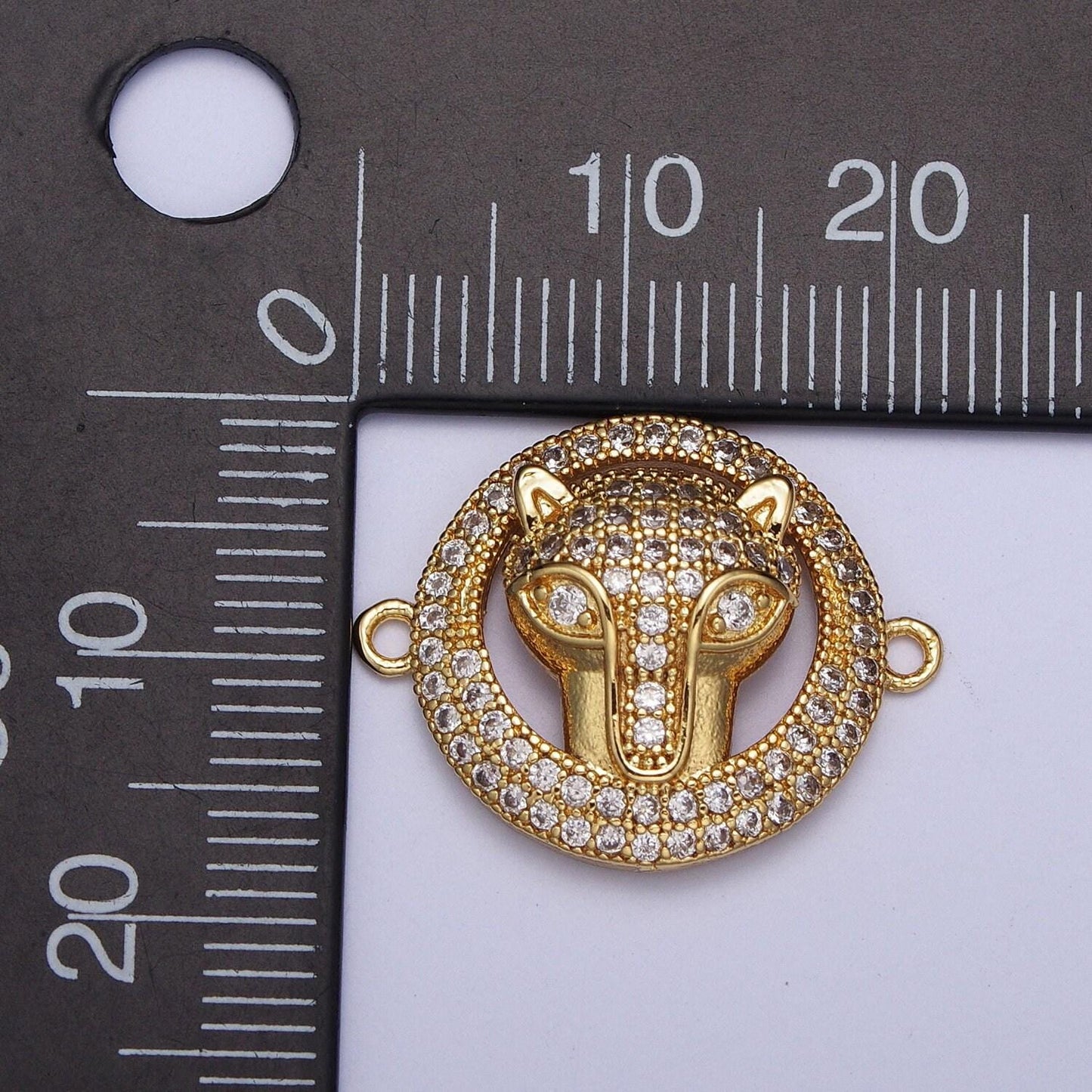 Gold animal head round link connector, 24k gold plated circular fox cheetah leopard head charm connector w clear micro pave cz stone | g-532