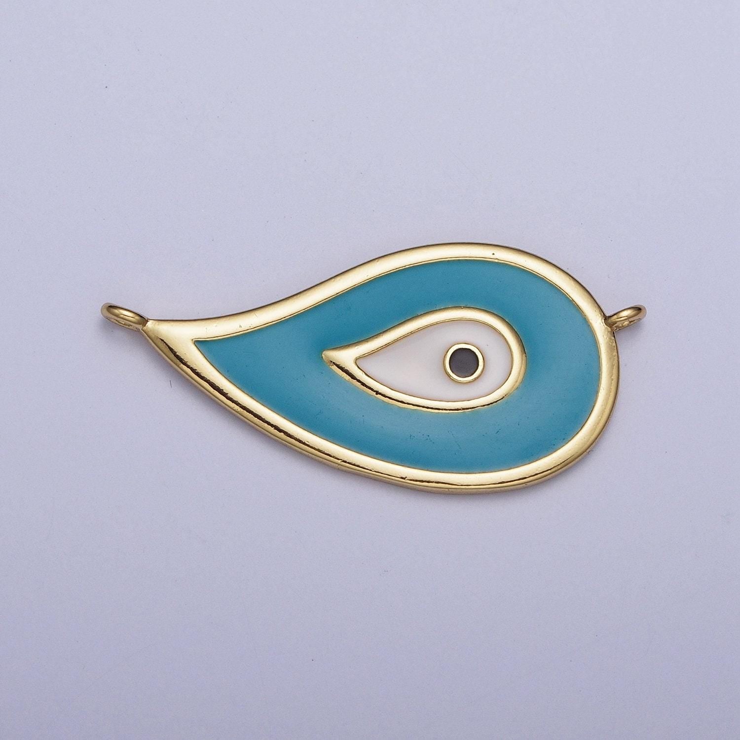 Gold cerulean blue & white peacock feather link connector, 24k gold plated teardrop shape peacock feather enamel finish connector | g-531