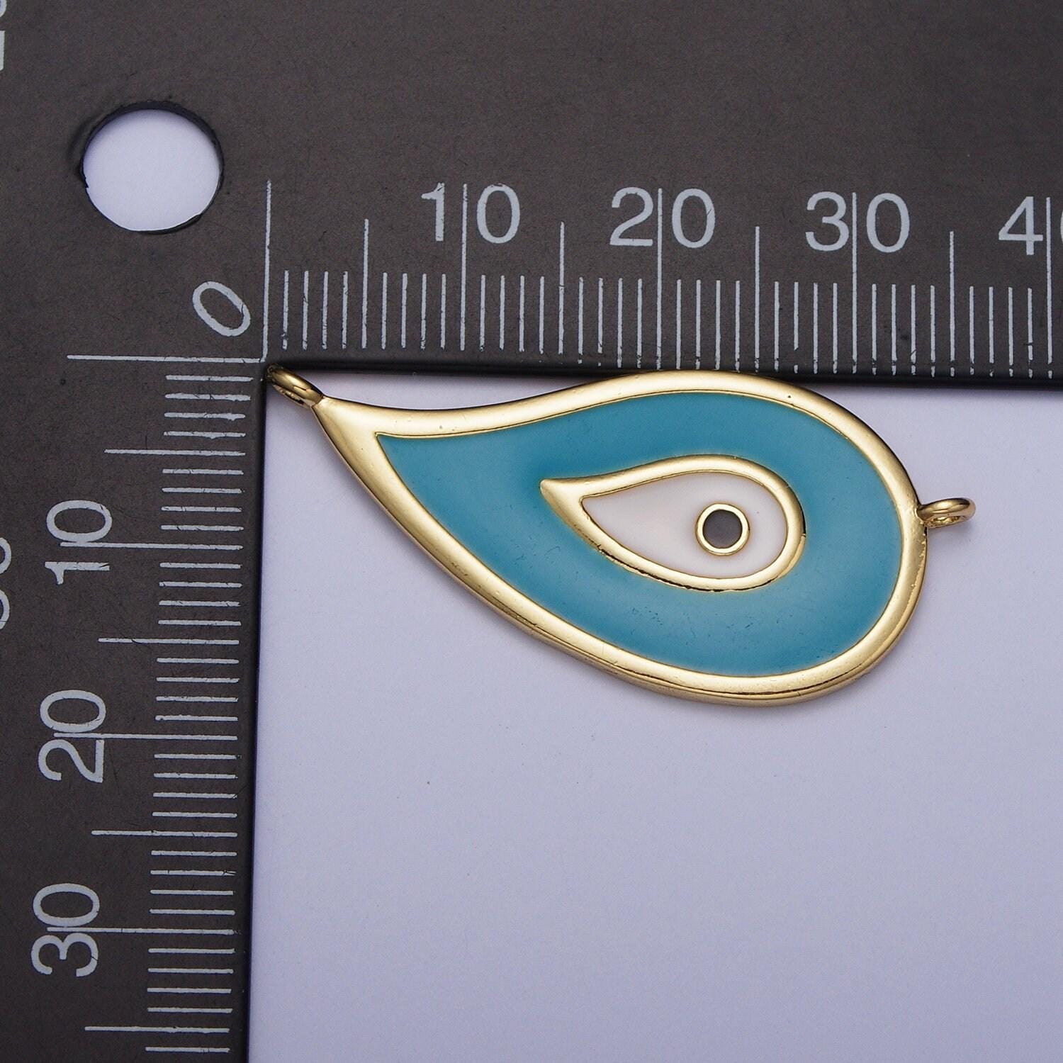 Gold cerulean blue & white peacock feather link connector, 24k gold plated teardrop shape peacock feather enamel finish connector | g-531