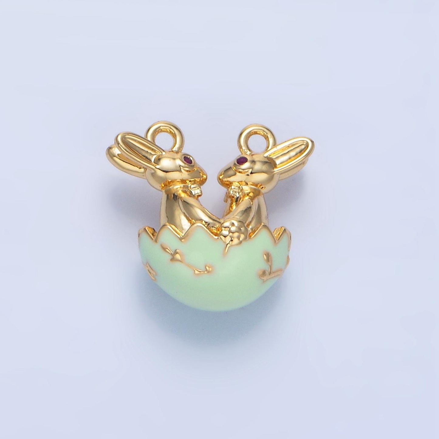 Green and white enamel easter egg easter bunnies 24k gold filled charm connector | g-499