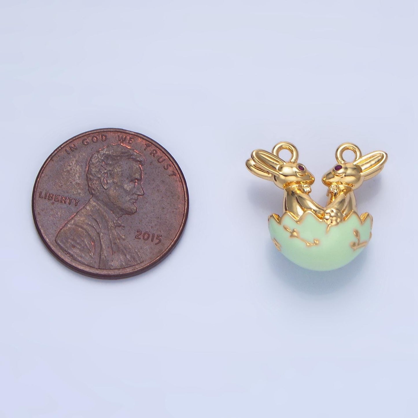 Green and white enamel easter egg easter bunnies 24k gold filled charm connector | g-499