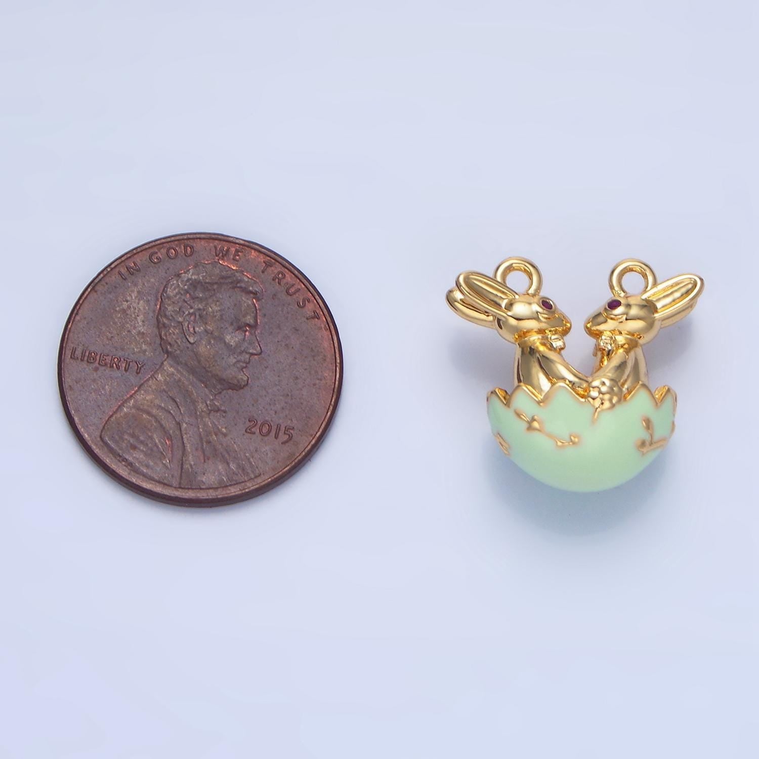 Green and white enamel easter egg easter bunnies 24k gold filled charm connector | g-499