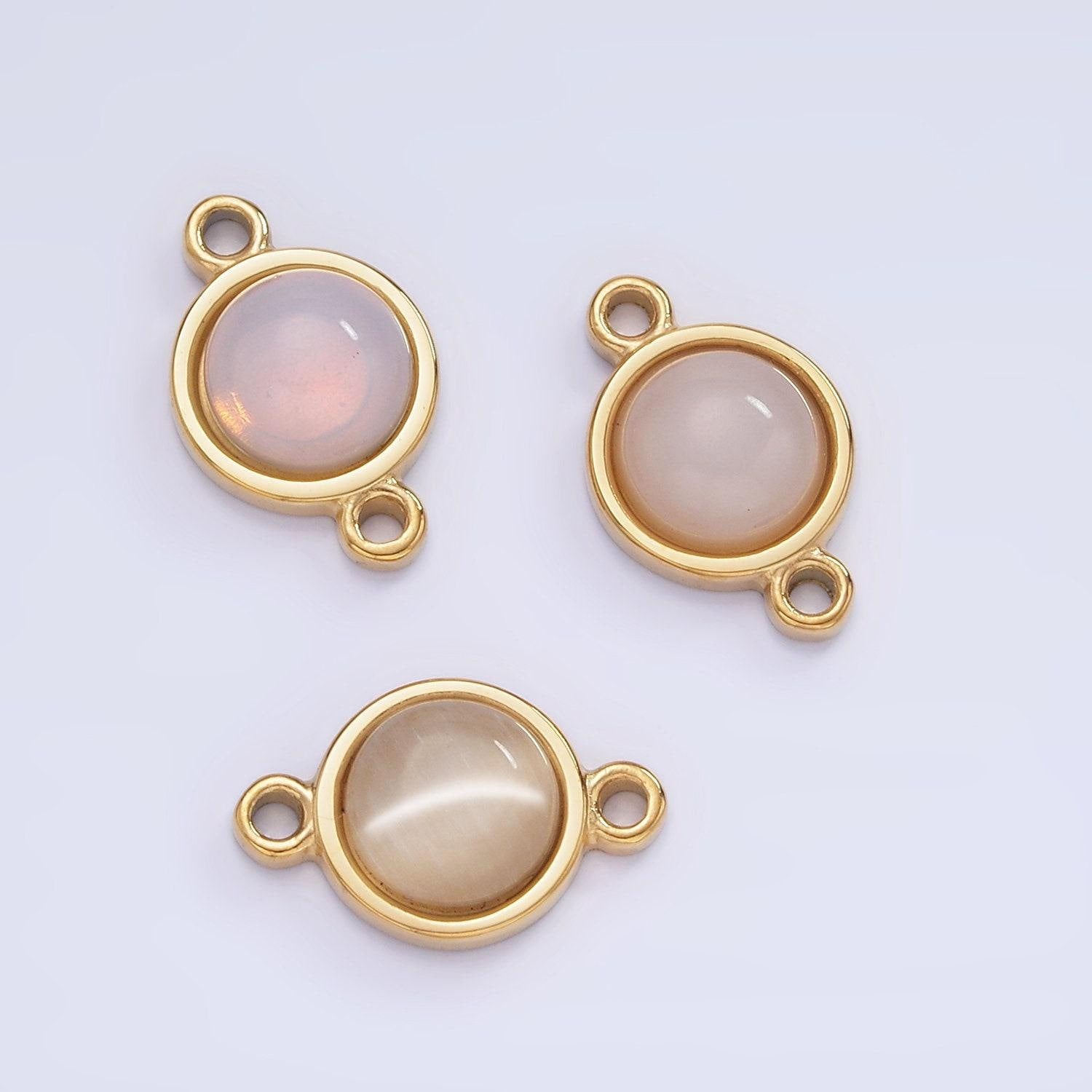 Stainless steel 10mm cat's eye, white agate, chalcedony bezel round connector | g361 g363