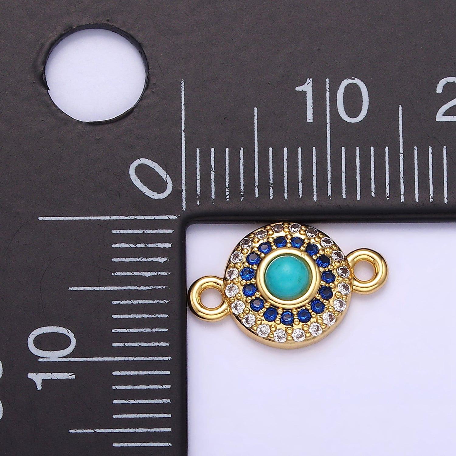 14k gold filled turquoise gemstone micro paved cz round connector | g-356