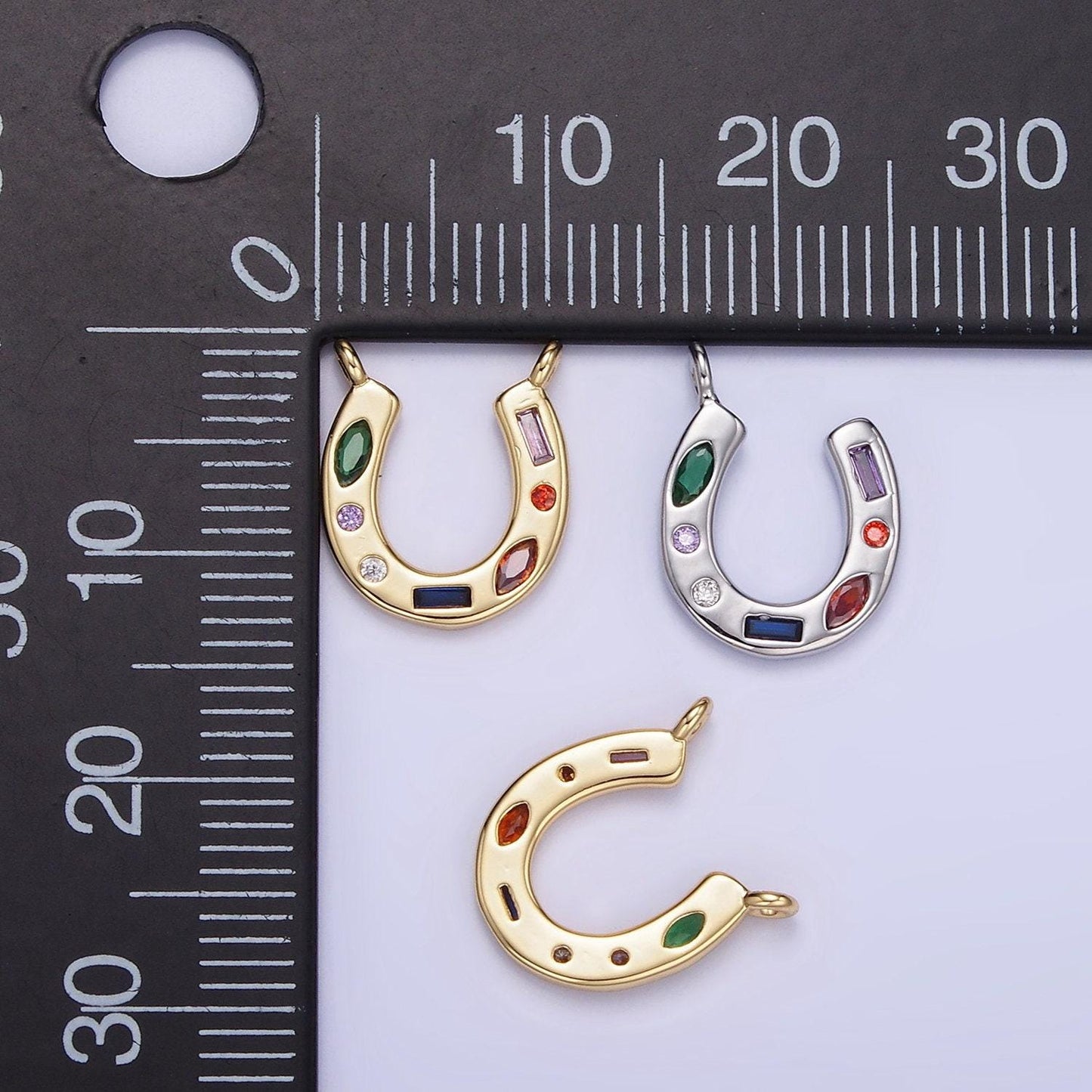 14k gold filled cz multicolor dotted lucky horseshoe charm | ac819