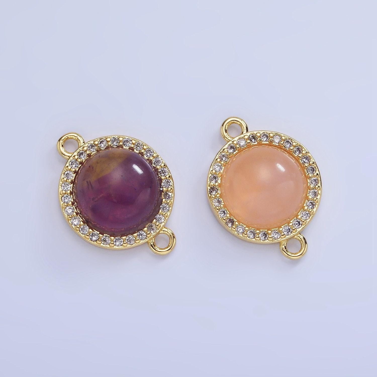 Gemstone round bezel cut connector amethyst pink quartz 14k gold filled link connector nature stone cabochon for bracelet necklace g312