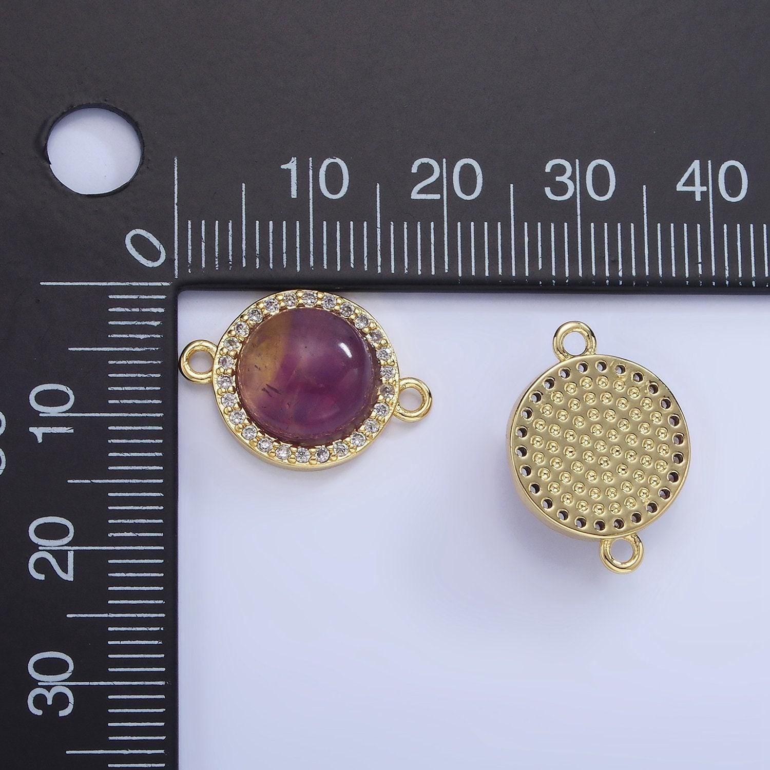 Gemstone round bezel cut connector amethyst pink quartz 14k gold filled link connector nature stone cabochon for bracelet necklace g312