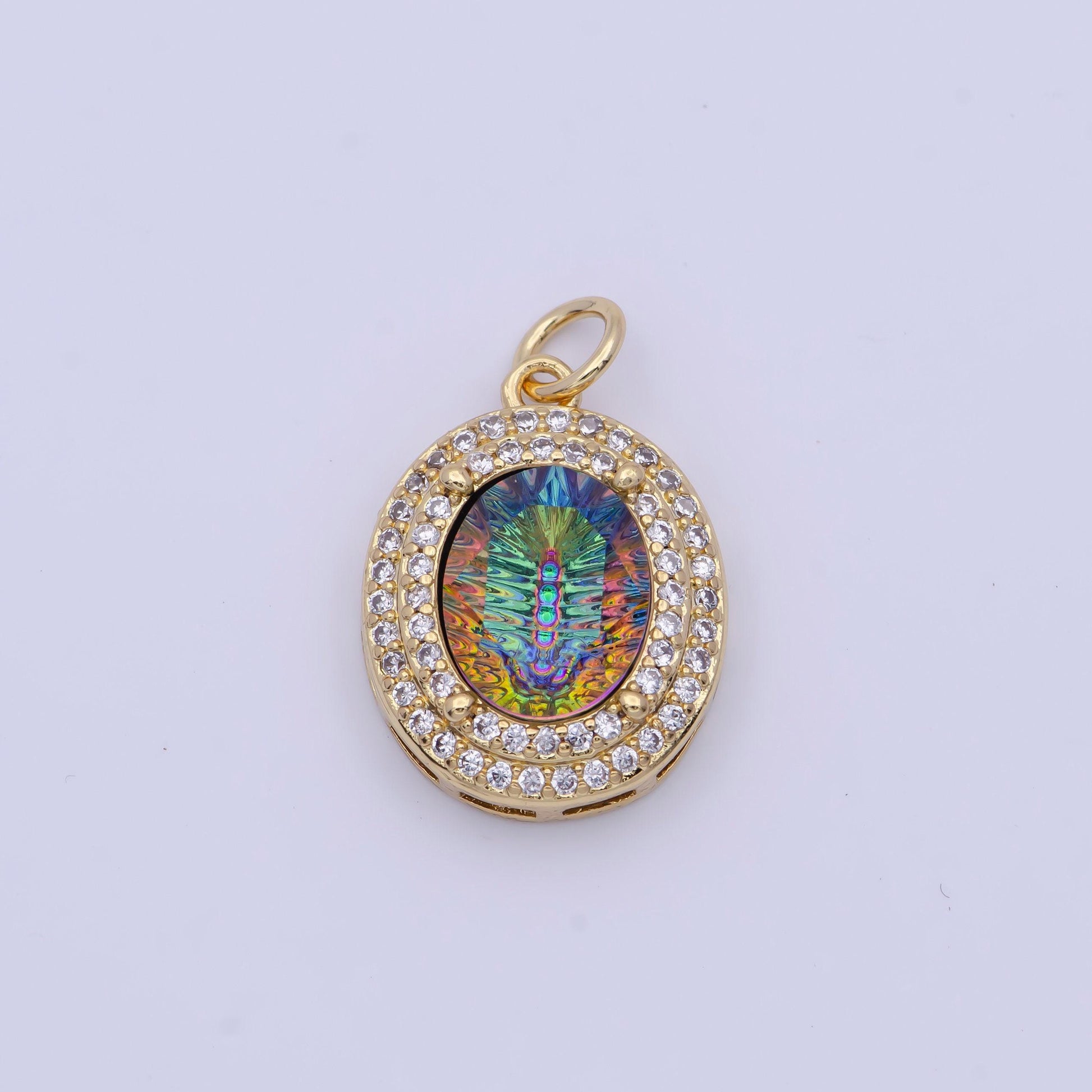 Gold cz neon thermal galaxy stone oval pendant, 24k gold plated clear cz edges neon thermal colored stones oval charm | g-297~g-300