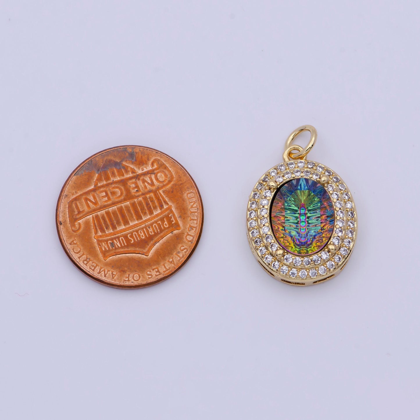 Gold cz neon thermal galaxy stone oval pendant, 24k gold plated clear cz edges neon thermal colored stones oval charm | g-297~g-300