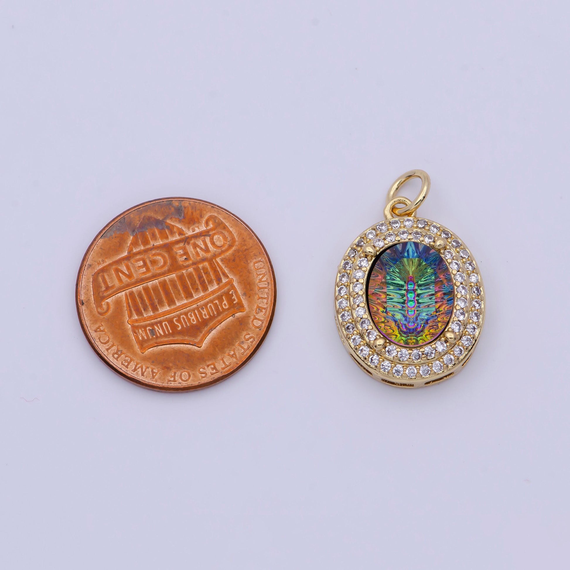 Gold cz neon thermal galaxy stone oval pendant, 24k gold plated clear cz edges neon thermal colored stones oval charm | g-297~g-300