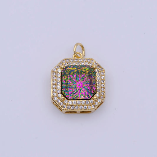 Gold cz thermal whirlpool stone octagon pendant, 24k gold plated clear cz edge whirlpool thermal colored stones octagon charm | g-295, g-296