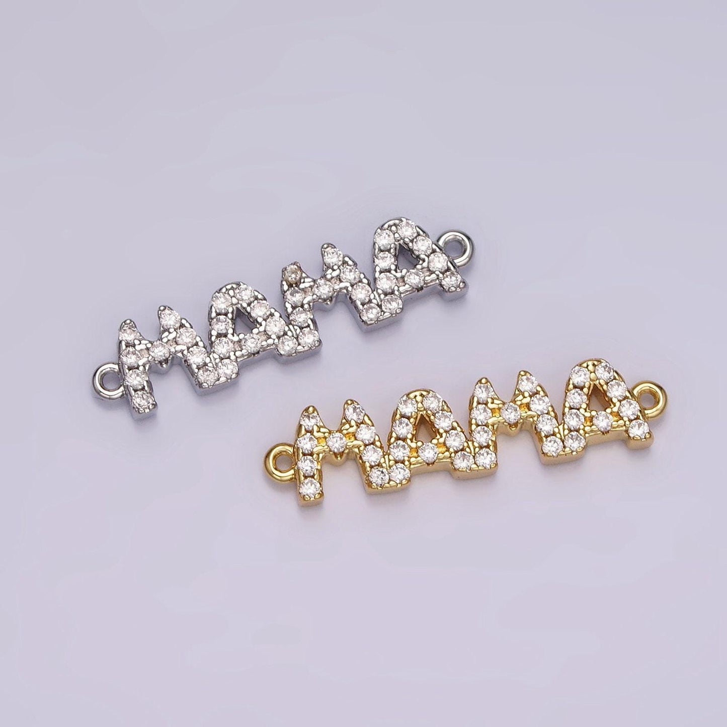 14k gold filled "mama" micro paved cz script connector in gold & silver | g267
