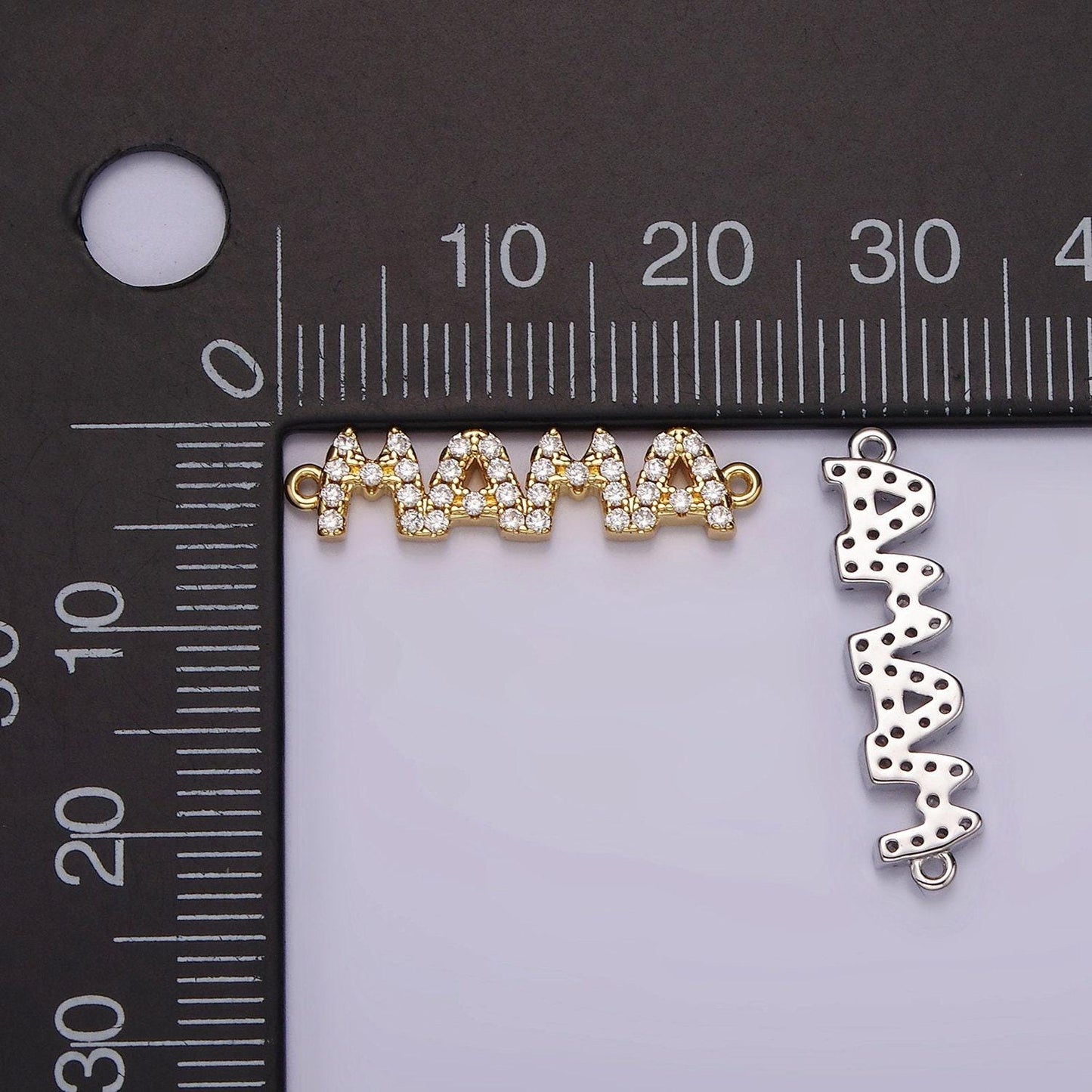 14k gold filled "mama" micro paved cz script connector in gold & silver | g267