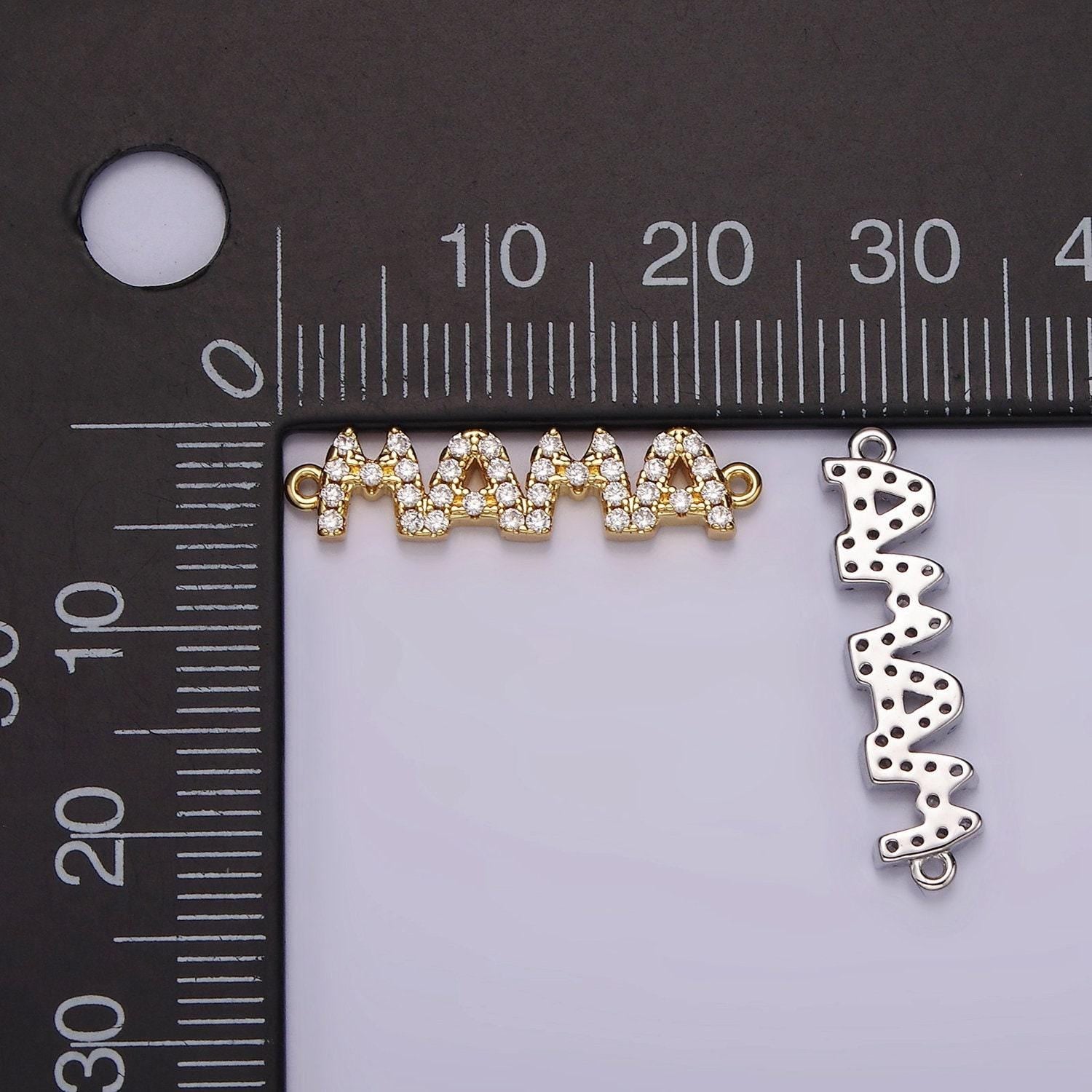 14k gold filled "mama" micro paved cz script connector in gold & silver | g267