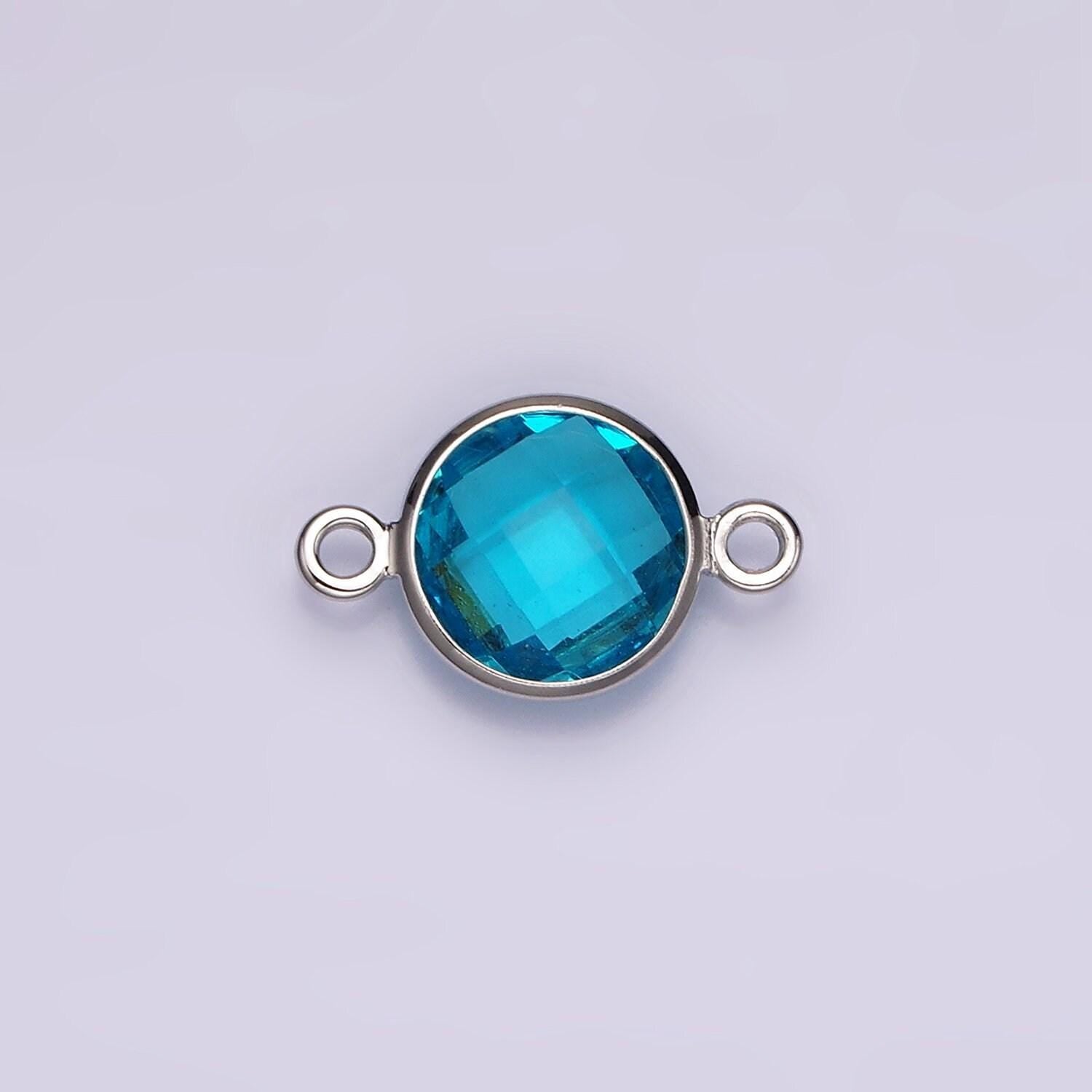 14k gold filled baby blue, cyan blue multifaceted birthstone cz bezel connector in gold & silver | g265 - g266