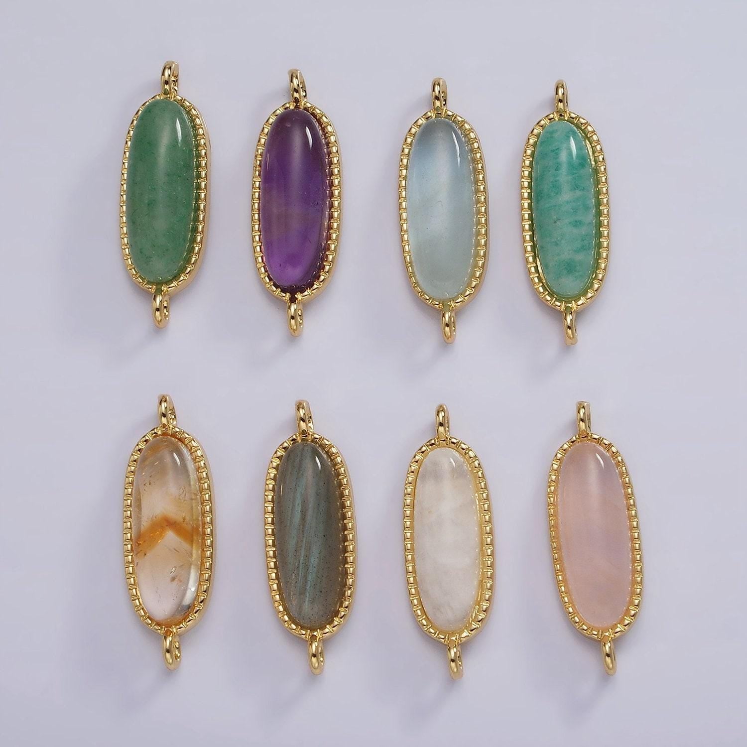 14k gold filled rose quartz, amazonite, labradorite, amethyst, topaz long oval bezel charm connector | g238