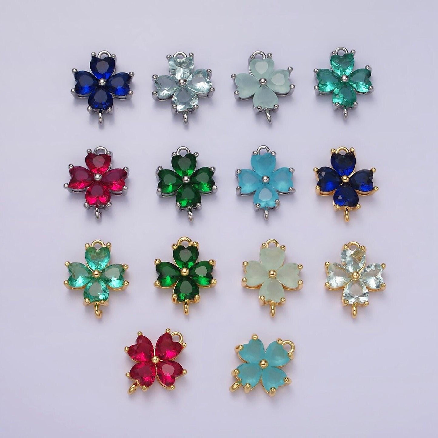 14k gold filled baby blue, teal, blue, mint, green, dark blue, fuchsia cz heart petal flower connector in gold & silver | g203 - g216