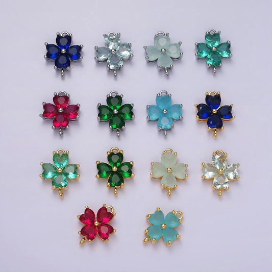 14k gold filled baby blue, teal, blue, mint, green, dark blue, fuchsia cz heart petal flower connector in gold & silver | g203 - g216