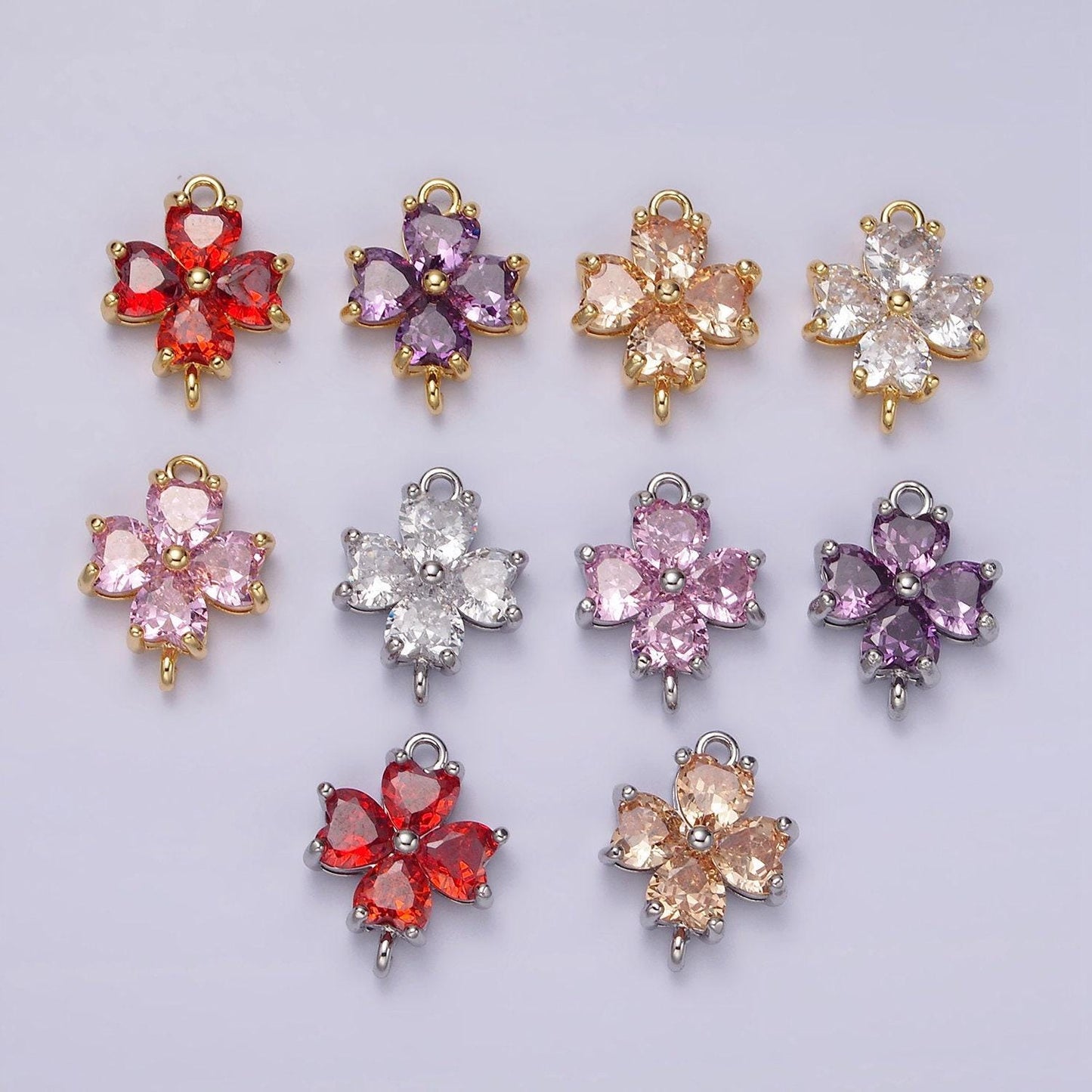 14k gold filled clear, peach, pink, purple, red cz heart petal flower connector in gold & silver | g913 - g202