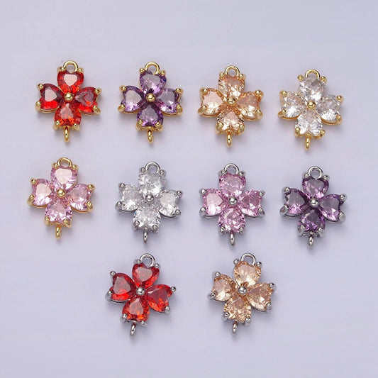 14k gold filled clear, peach, pink, purple, red cz heart petal flower connector in gold & silver | g913 - g202