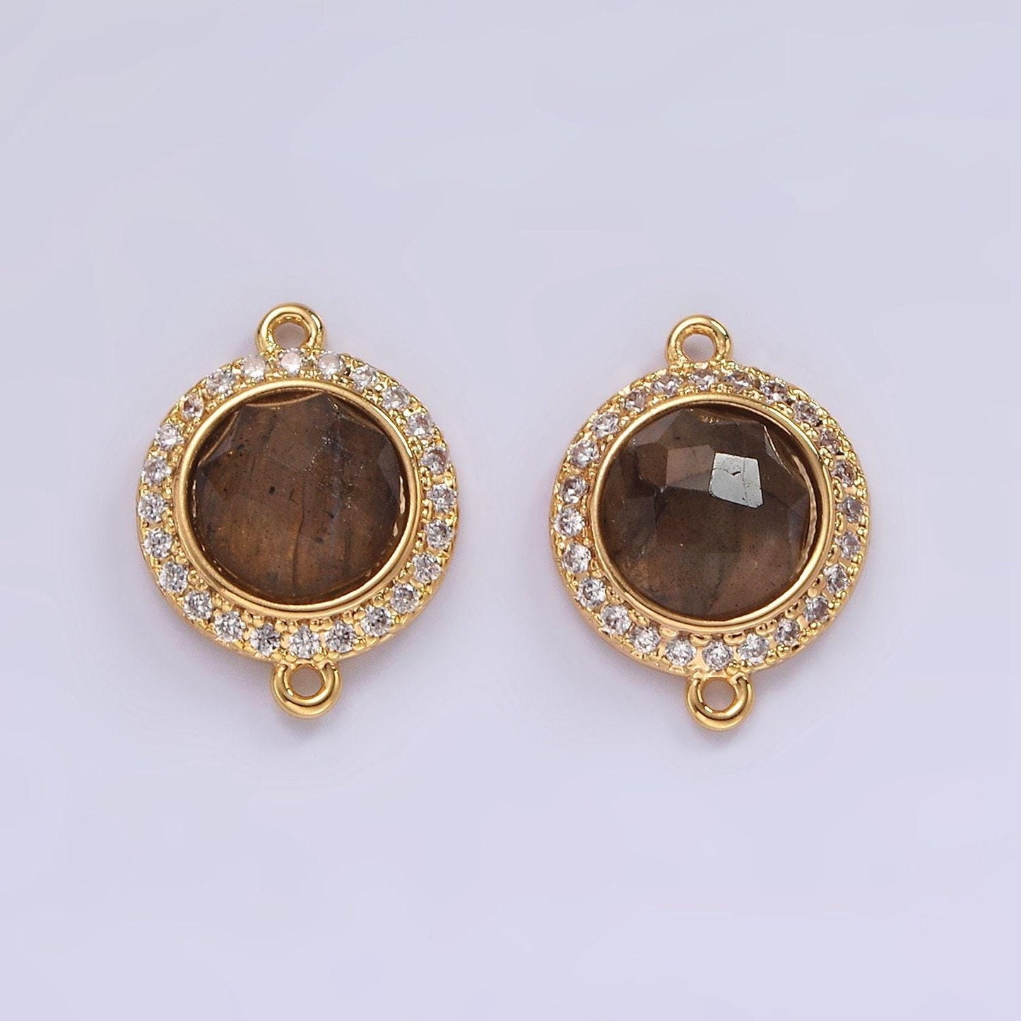 14k gold filled 12mm natural gemstone multifaceted micro paved cz round connector | g143 - g151