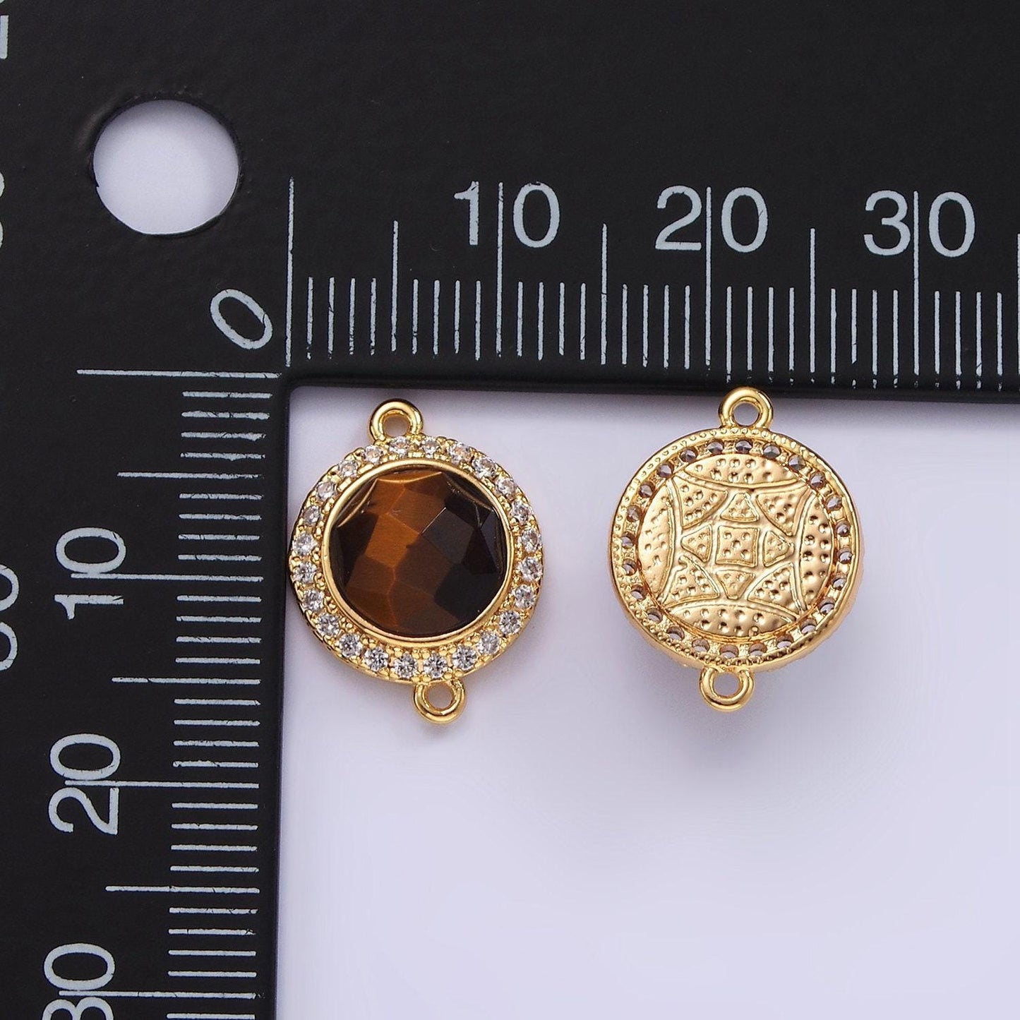 14k gold filled 12mm natural gemstone multifaceted micro paved cz round connector | g143 - g151
