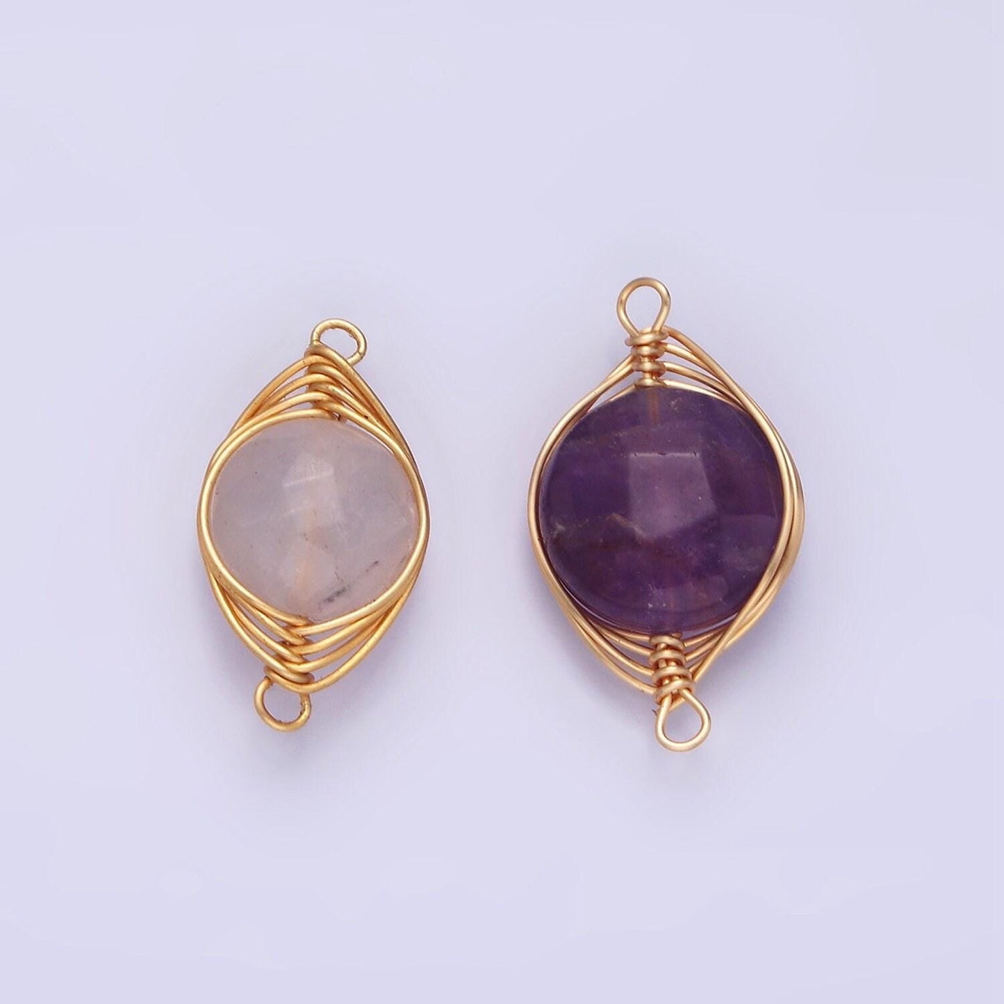 14k gold filled amethyst, clear quartz multifaceted round wire wrapped connector | g-052 g-053