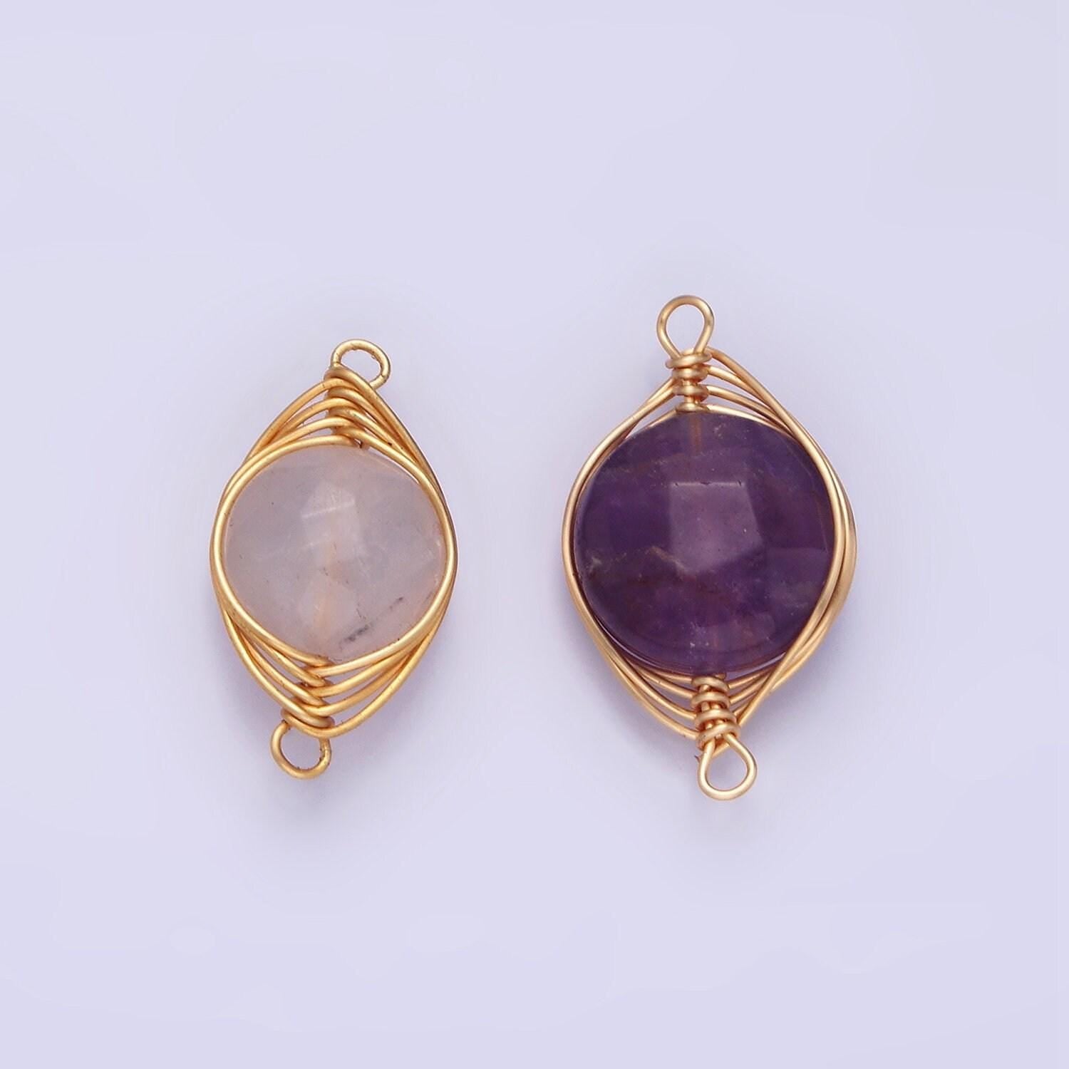 14k gold filled amethyst, clear quartz multifaceted round wire wrapped connector | g-052 g-053