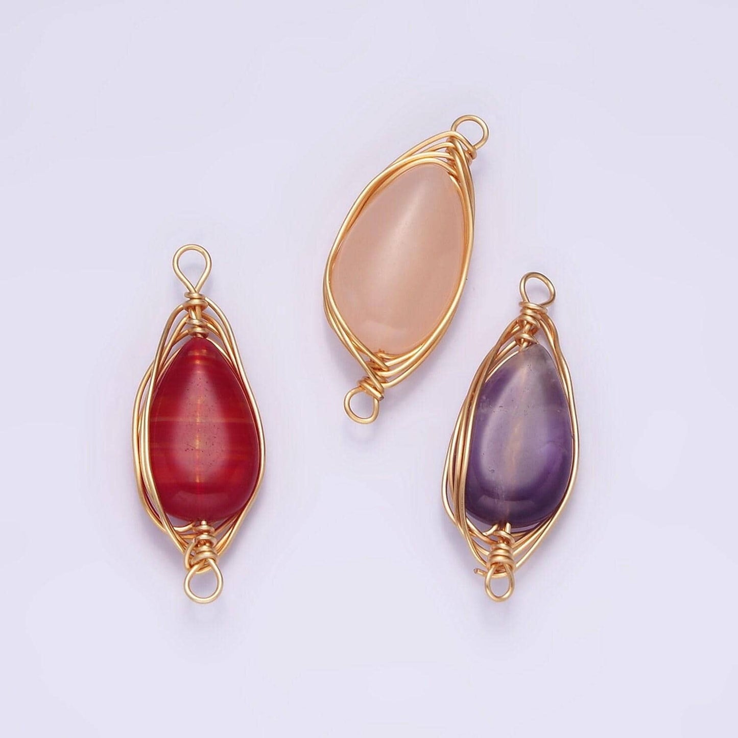 14k gold filled carnelian, amethyst, rose quartz teardrop pear wire wrapped connector | g049 - g051