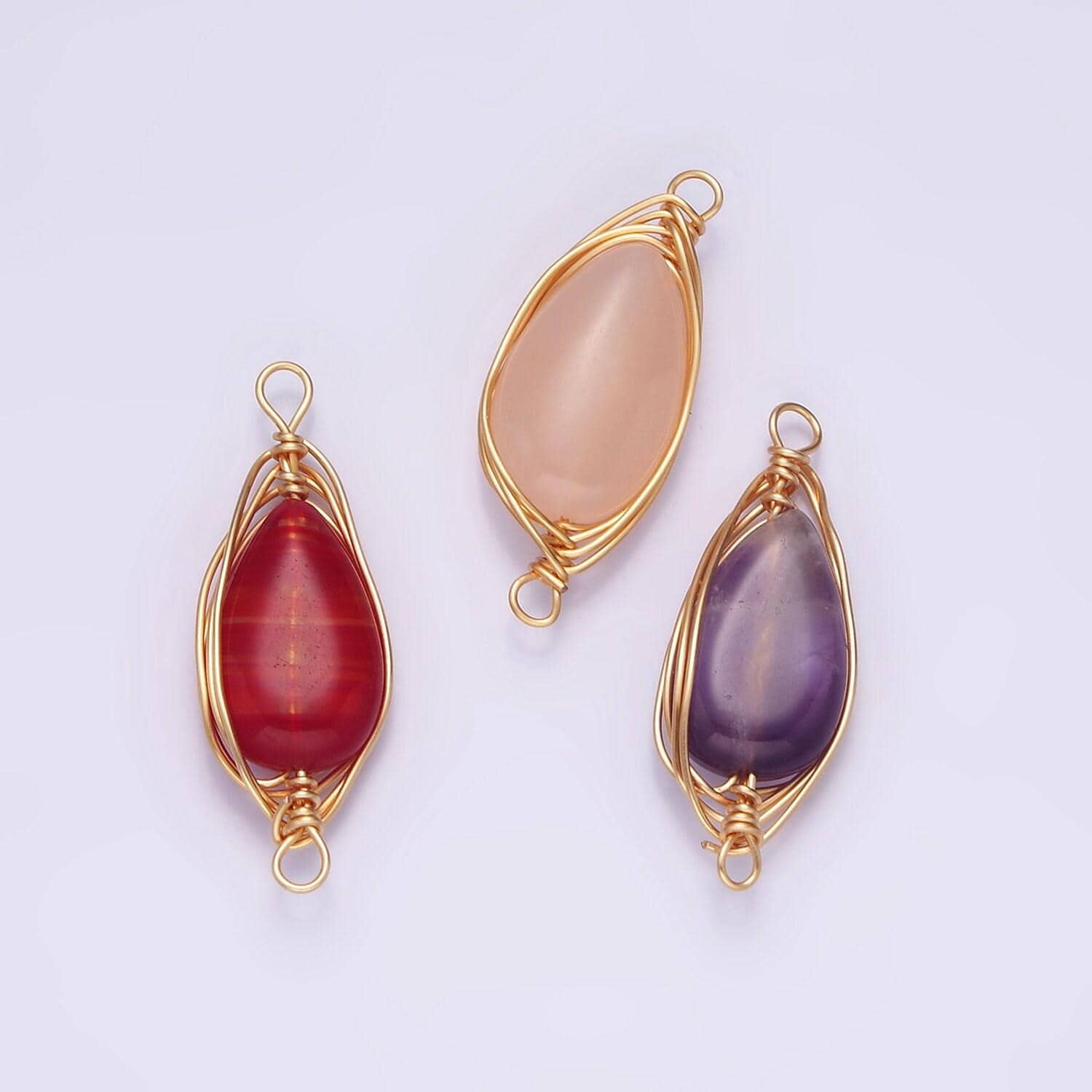 14k gold filled carnelian, amethyst, rose quartz teardrop pear wire wrapped connector | g049 - g051