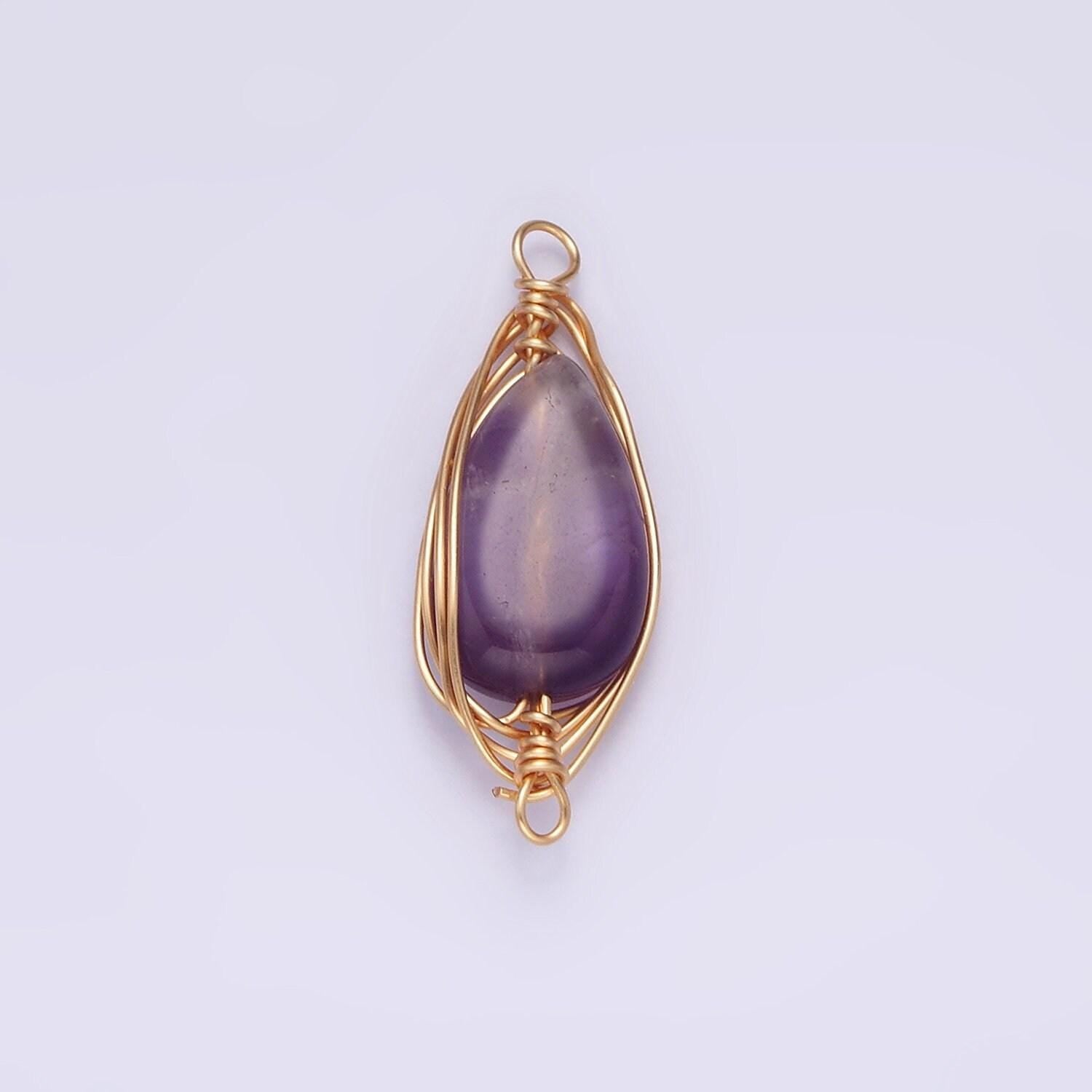 14k gold filled carnelian, amethyst, rose quartz teardrop pear wire wrapped connector | g049 - g051