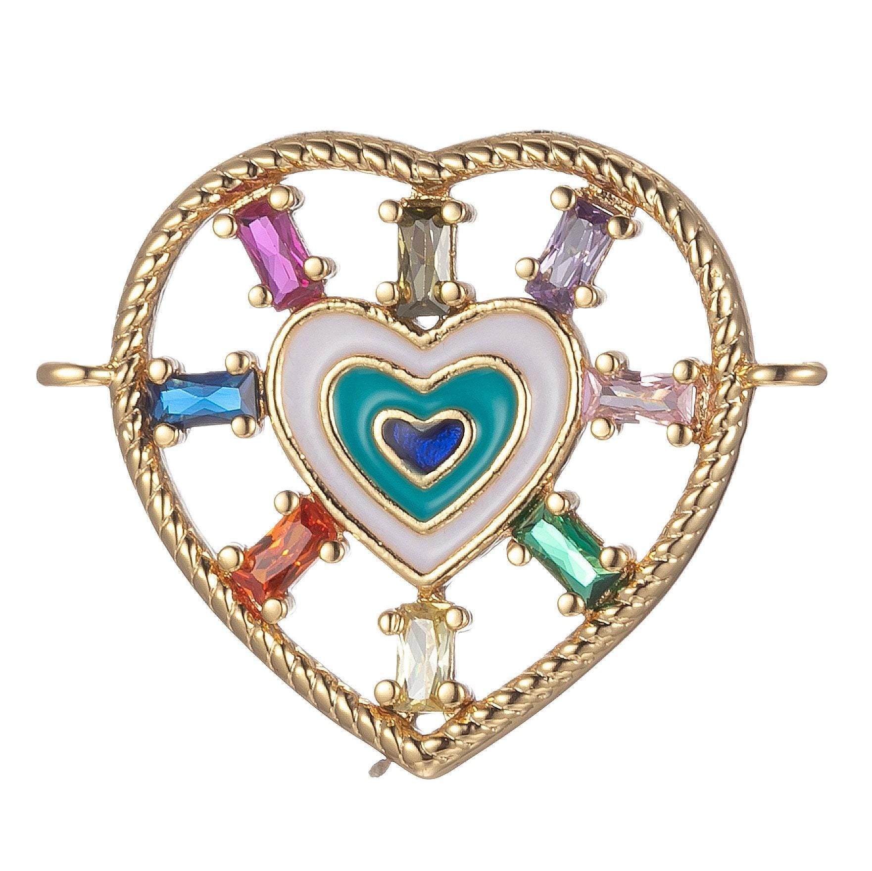 Gold filled heart charm connector multi color cz charm bracelet earring necklace link connetor double bail charm