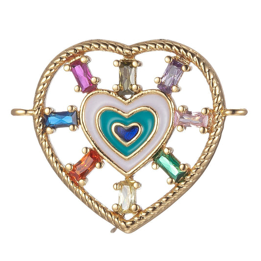 Gold filled heart charm connector multi color cz charm bracelet earring necklace link connetor double bail charm