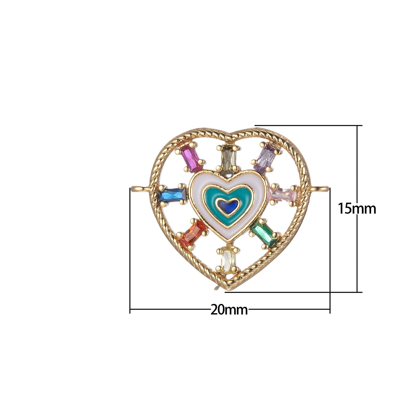 Gold filled heart charm connector multi color cz charm bracelet earring necklace link connetor double bail charm