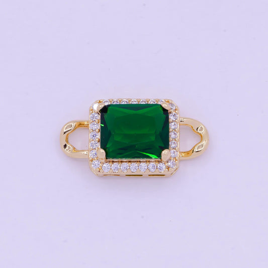 Emerald green and dark ruby red rectangular medallion royal charm connector, 24k gold plated micro pave cz link connector | f-731, f-774