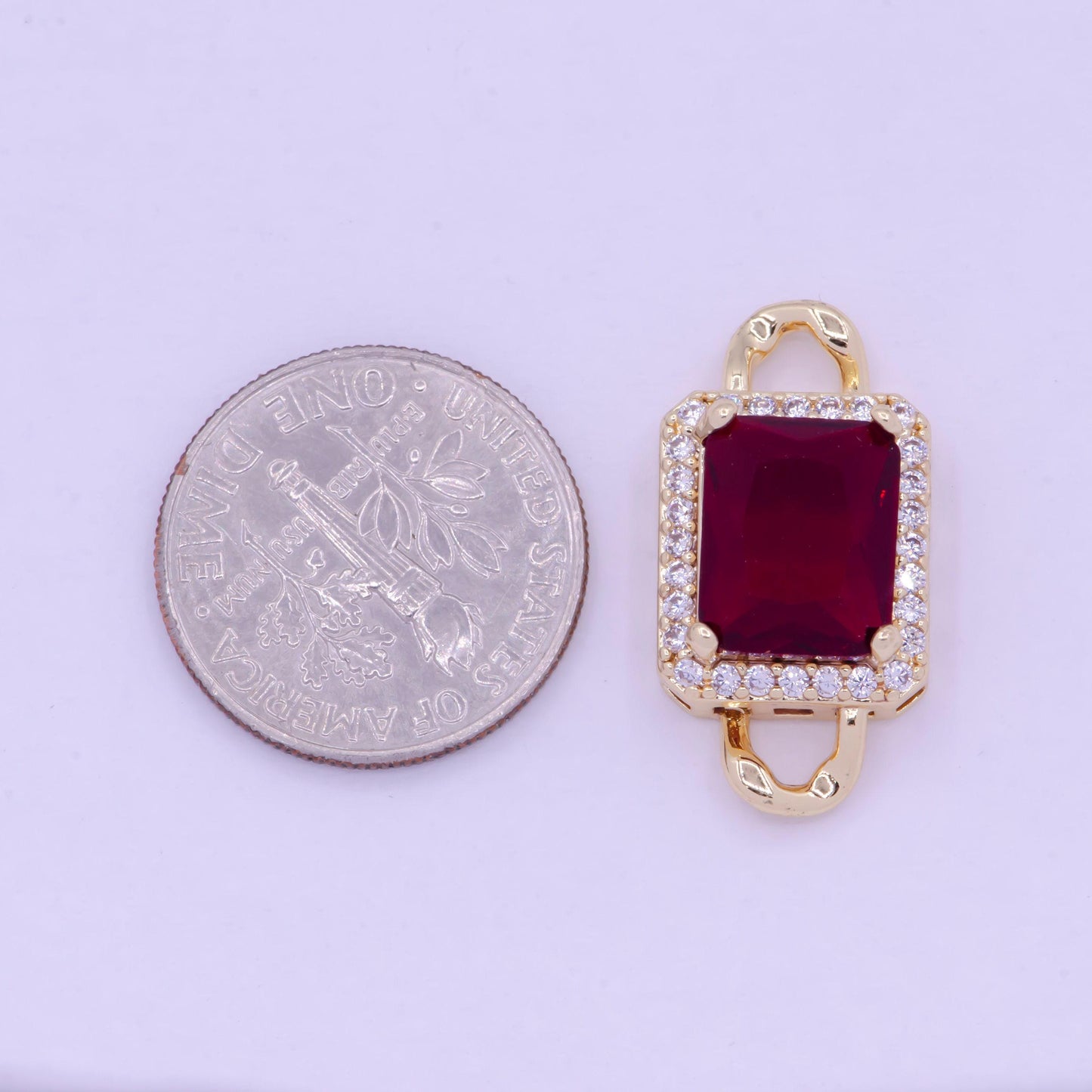 Emerald green and dark ruby red rectangular medallion royal charm connector, 24k gold plated micro pave cz link connector | f-731, f-774