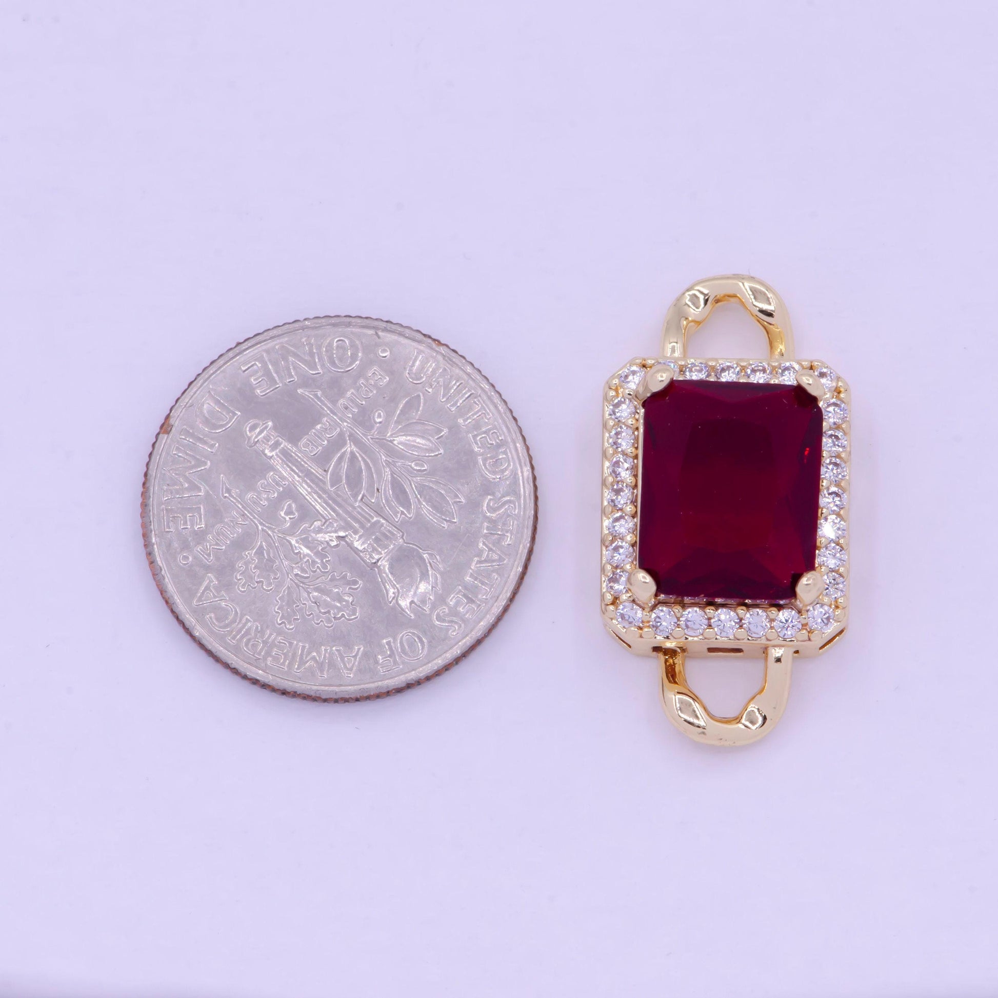 Emerald green and dark ruby red rectangular medallion royal charm connector, 24k gold plated micro pave cz link connector | f-731, f-774